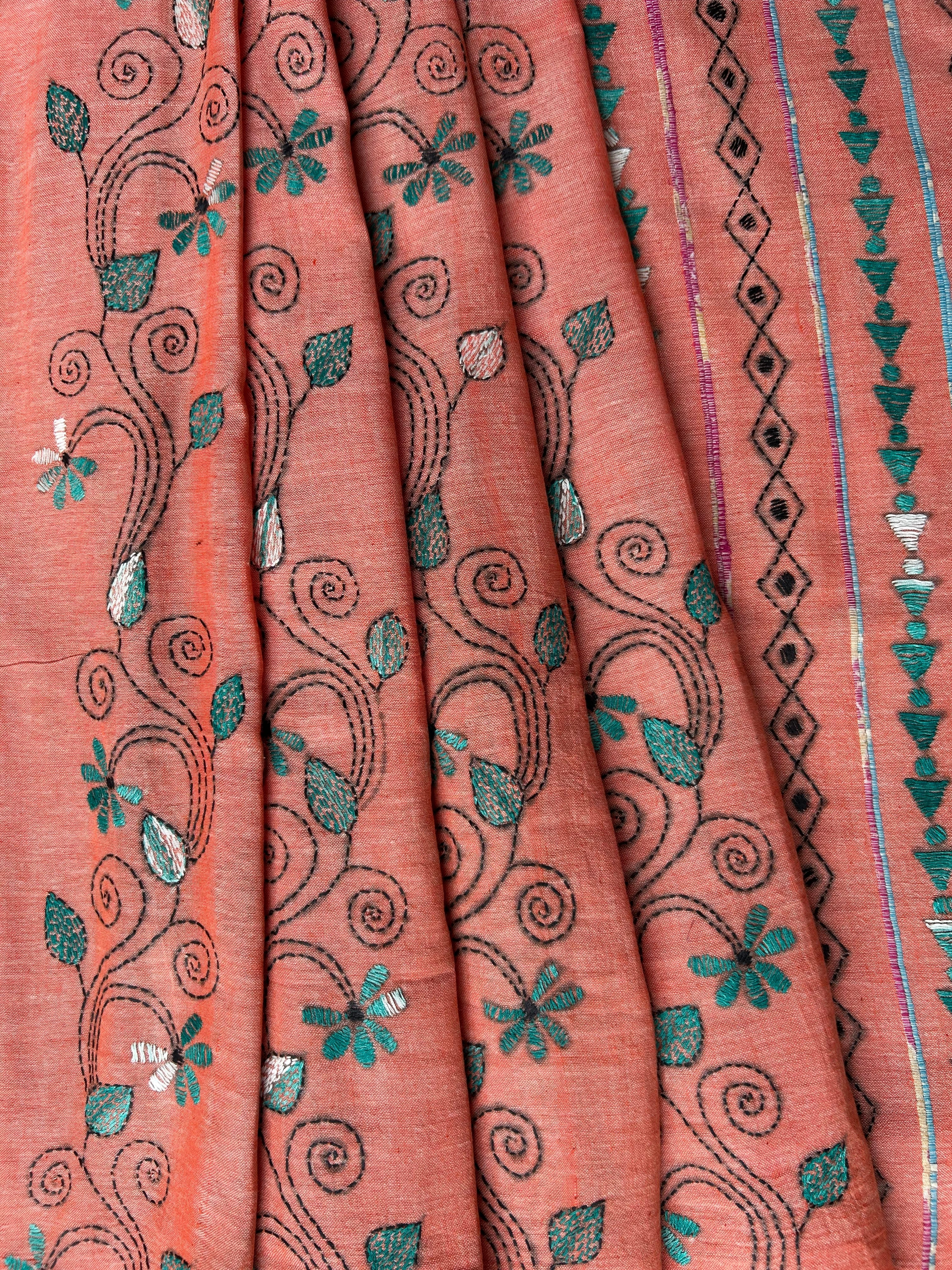Vipas: Cotton Handloom Saree with Kantha Embroidery