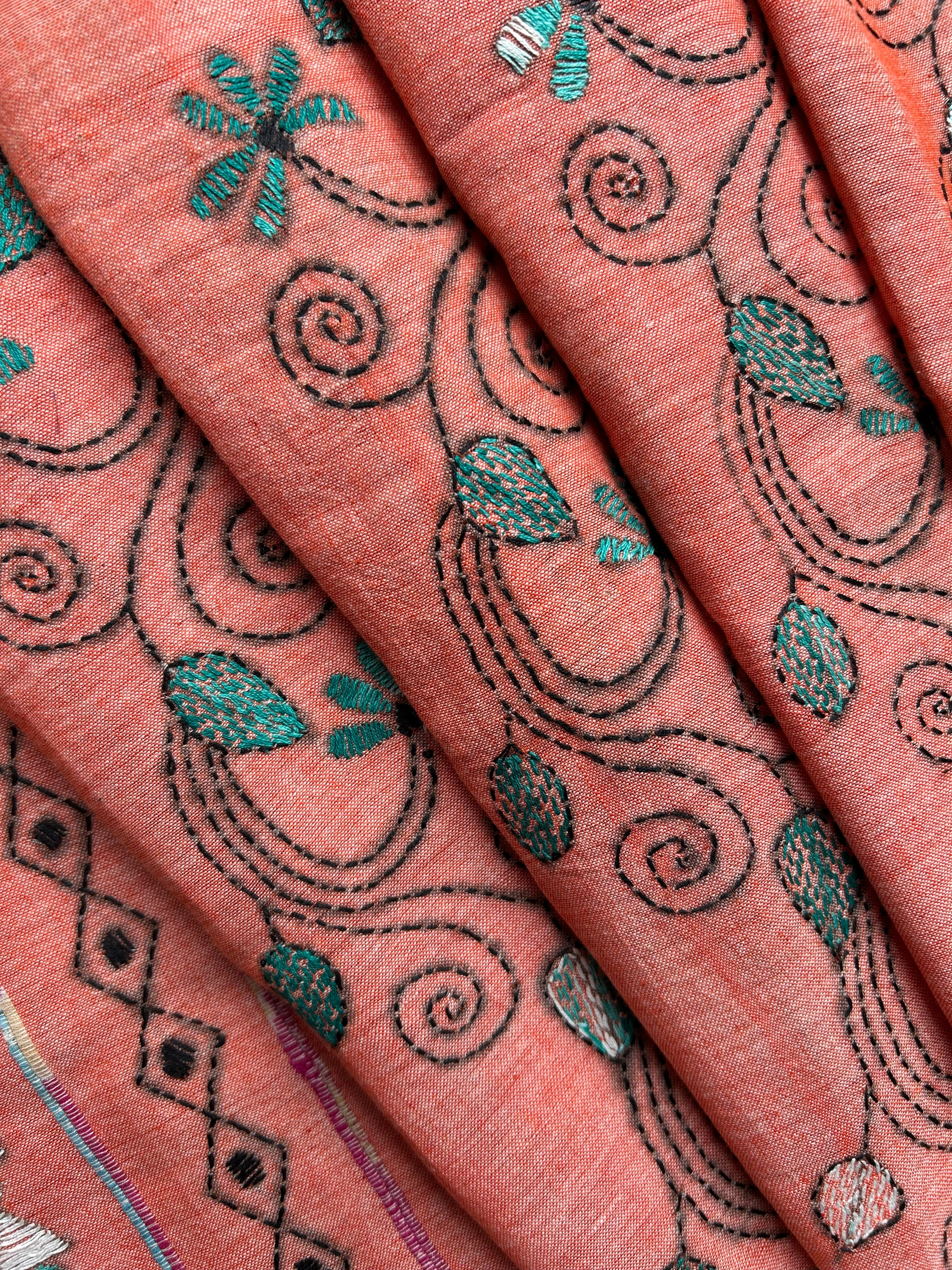 Vipas: Cotton Handloom Saree with Kantha Embroidery
