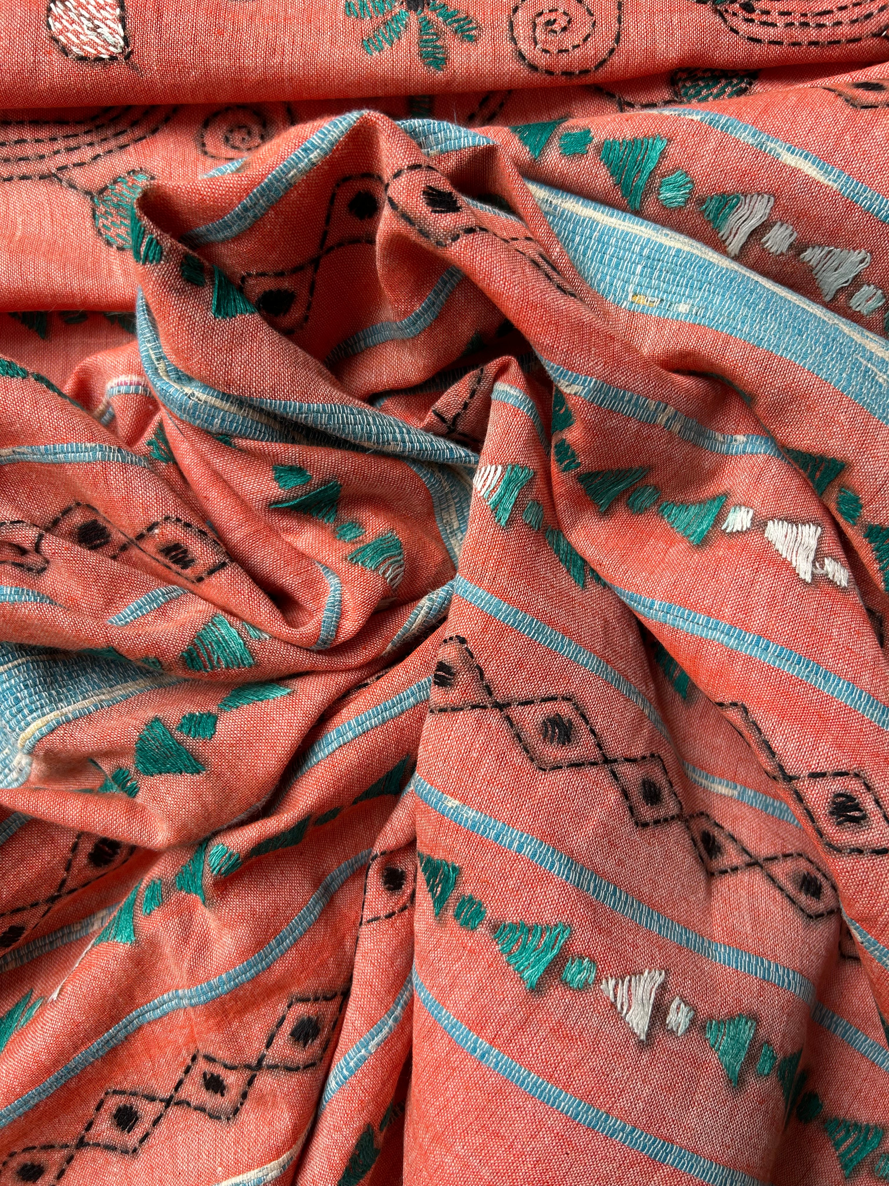 Vipas: Cotton Handloom Saree with Kantha Embroidery