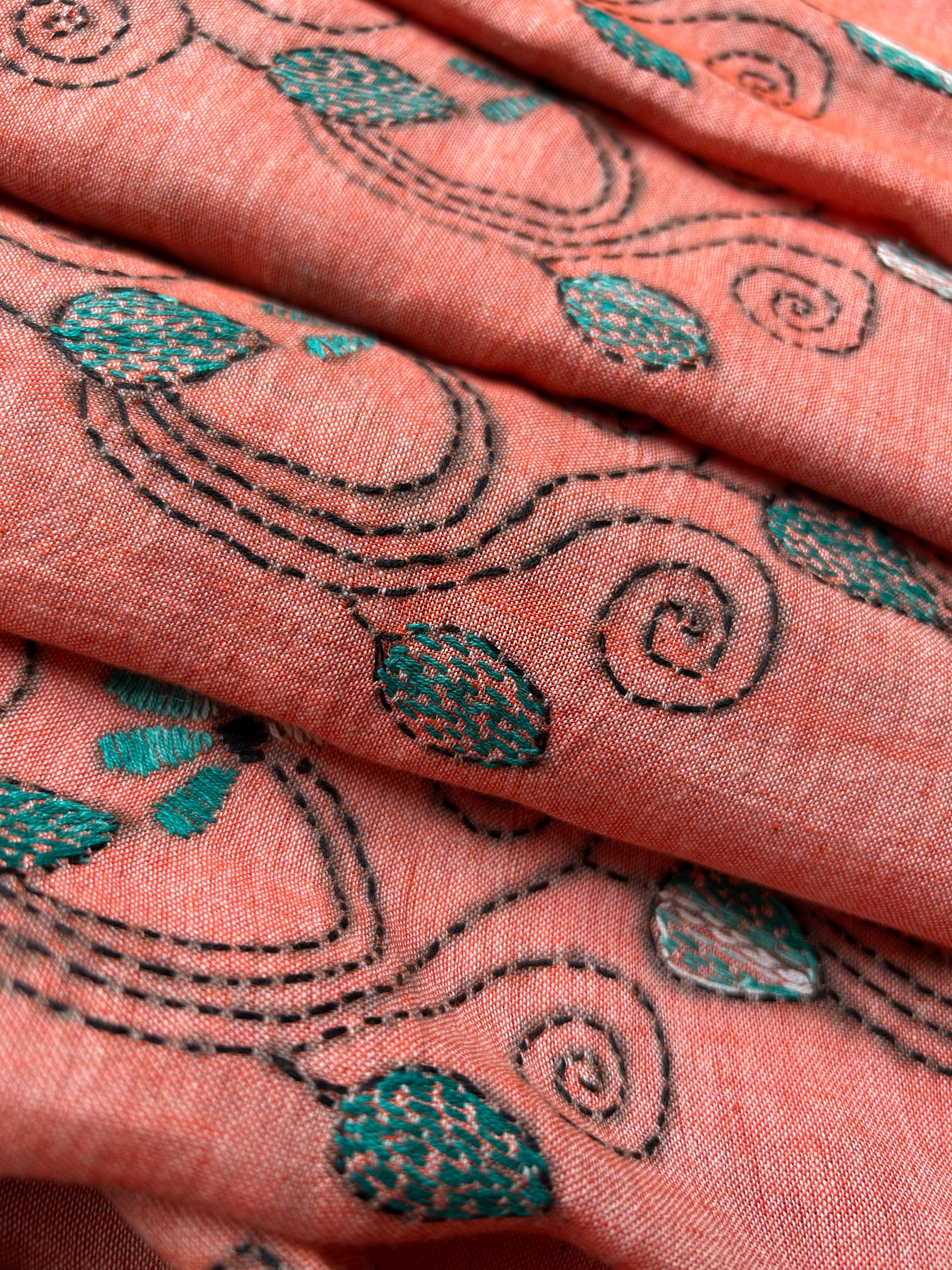 Vipas: Cotton Handloom Saree with Kantha Embroidery