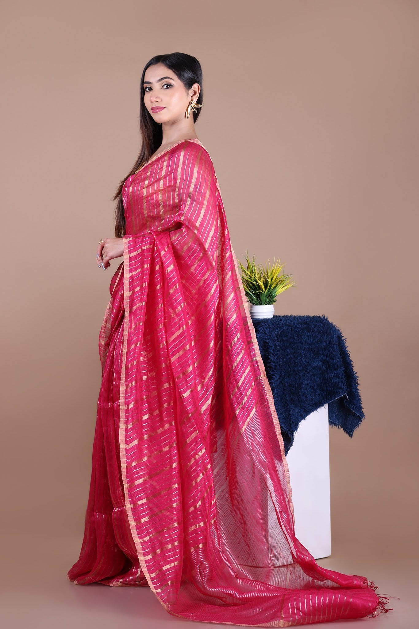 IRA - Linen silk saree with silver golden Zari stripes Saree_Pink
