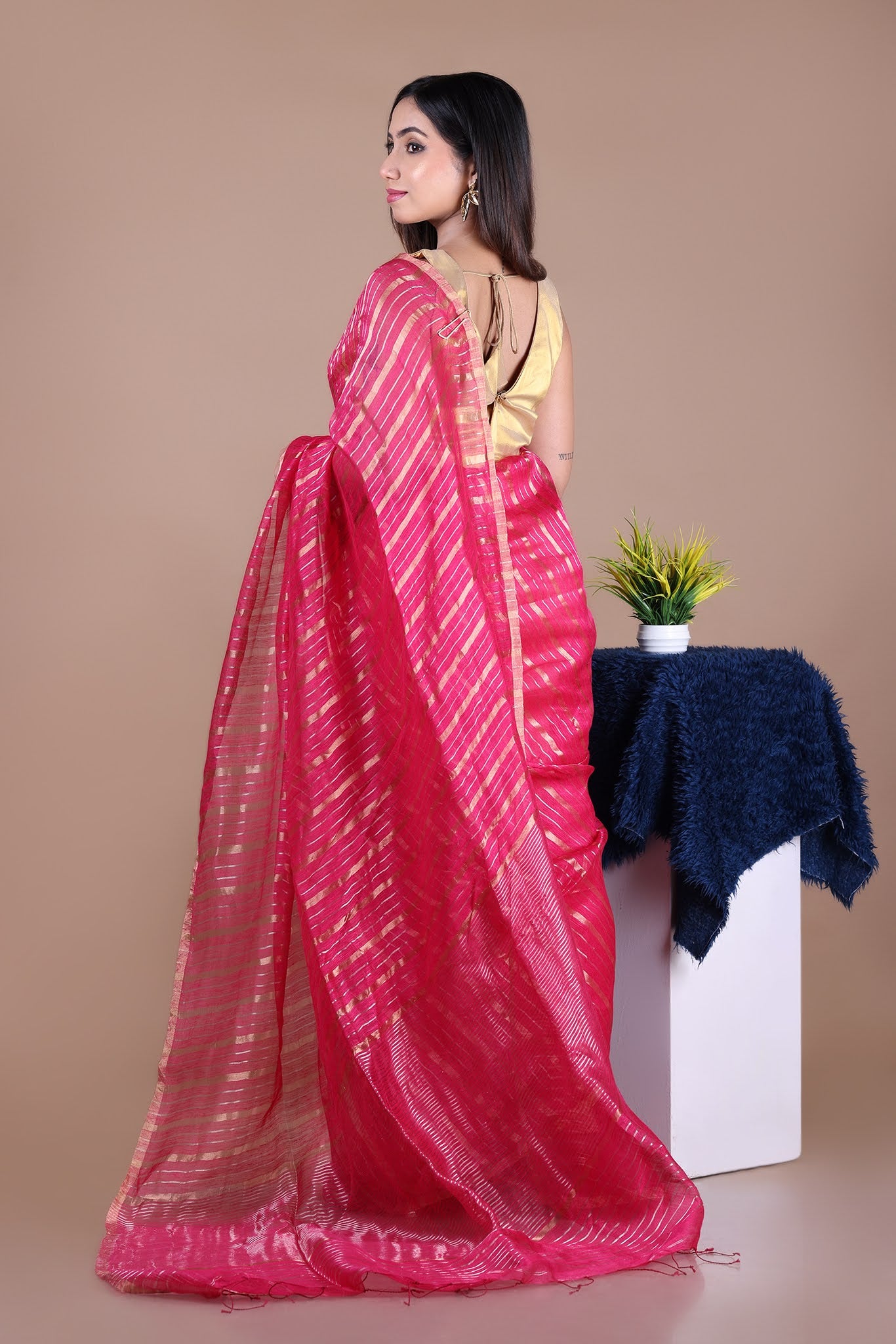 IRA - Linen silk saree with silver golden Zari stripes Saree_Pink