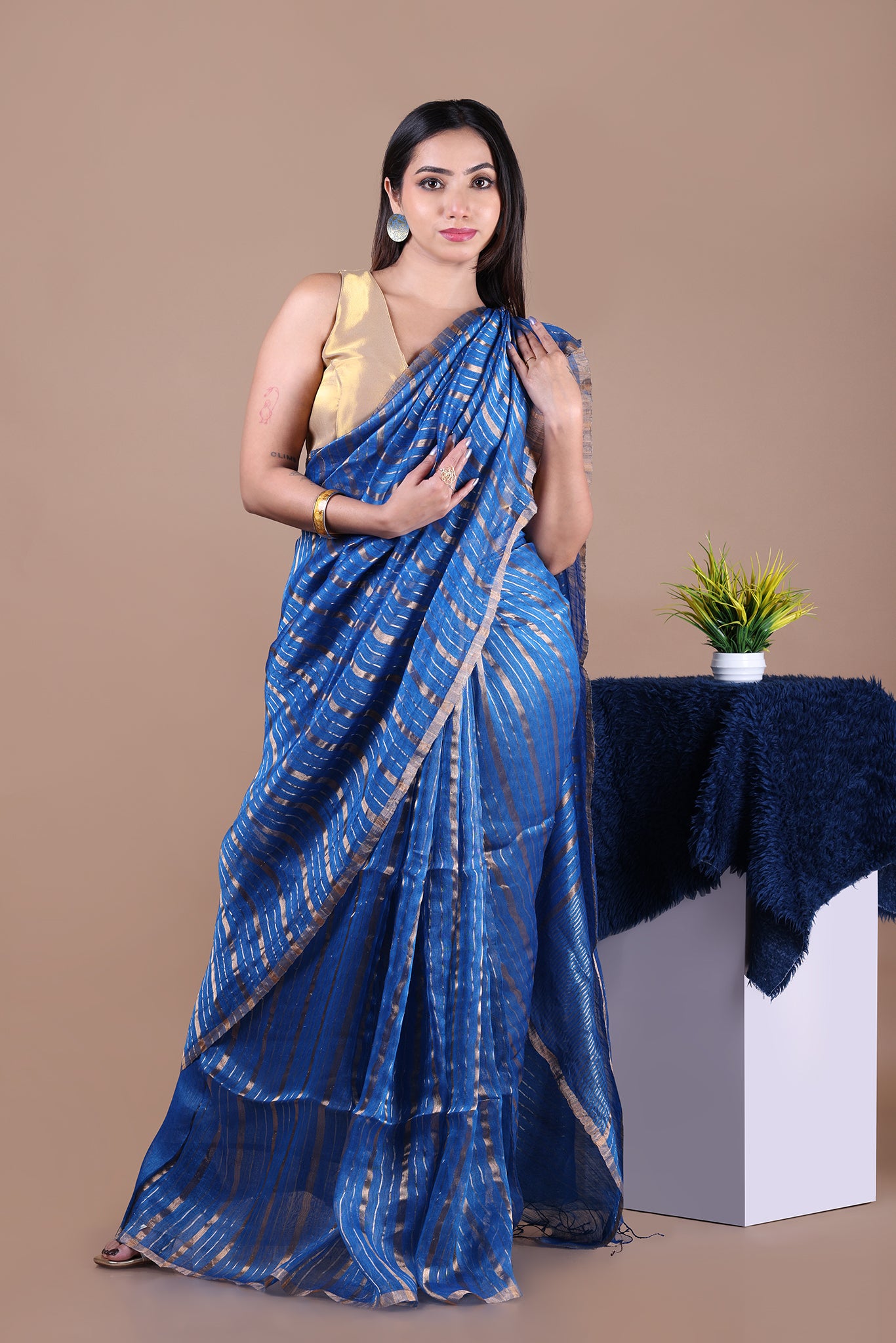 IRA - Linen silk saree with silver golden Zari stripes Saree_Blue