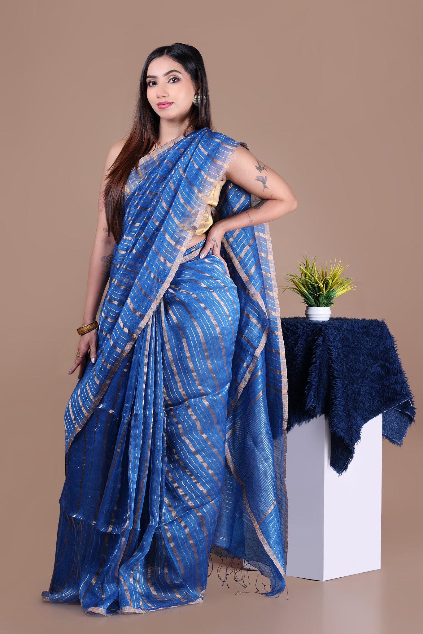 IRA - Linen silk saree with silver golden Zari stripes Saree_Blue