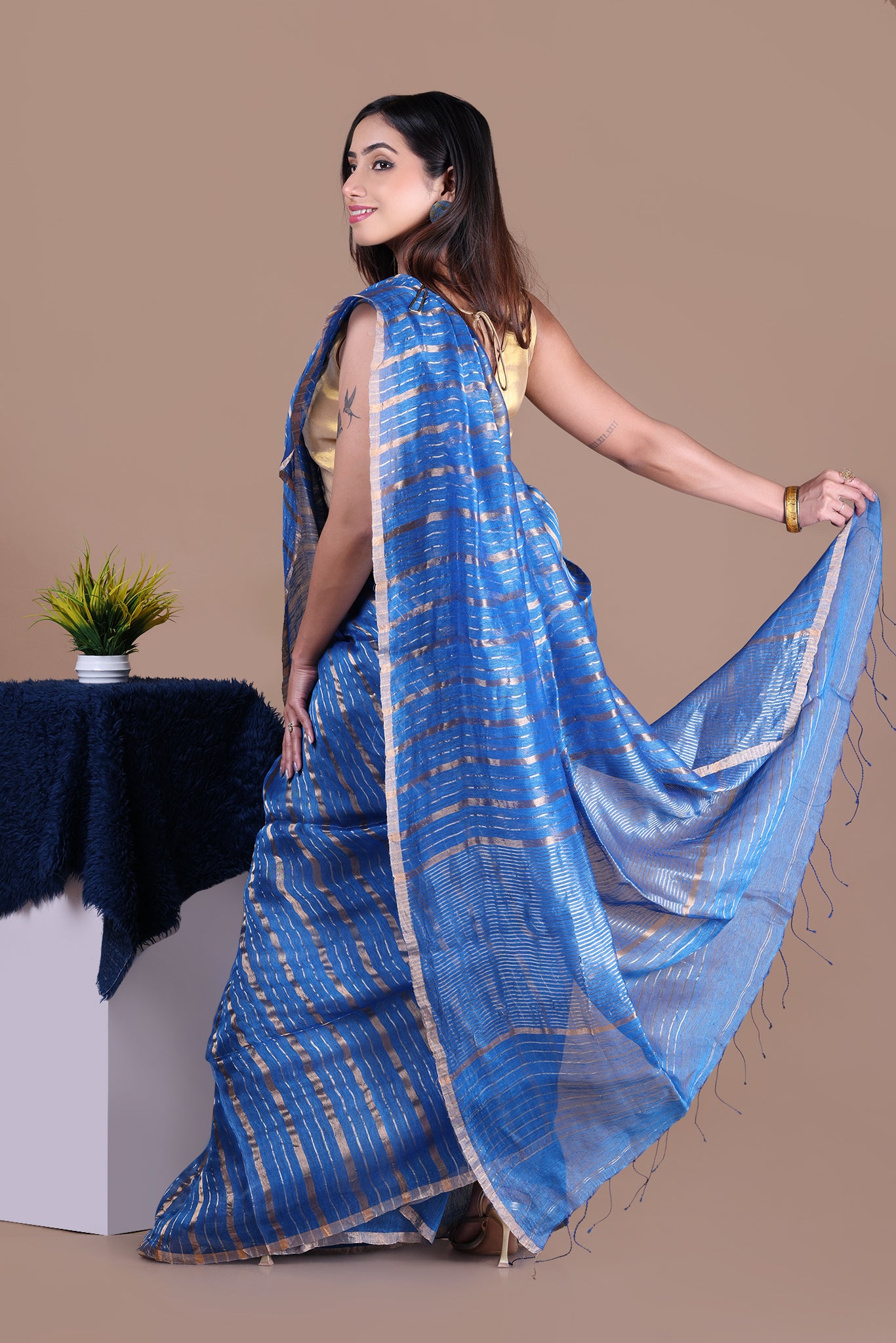 IRA - Linen silk saree with silver golden Zari stripes Saree_Blue