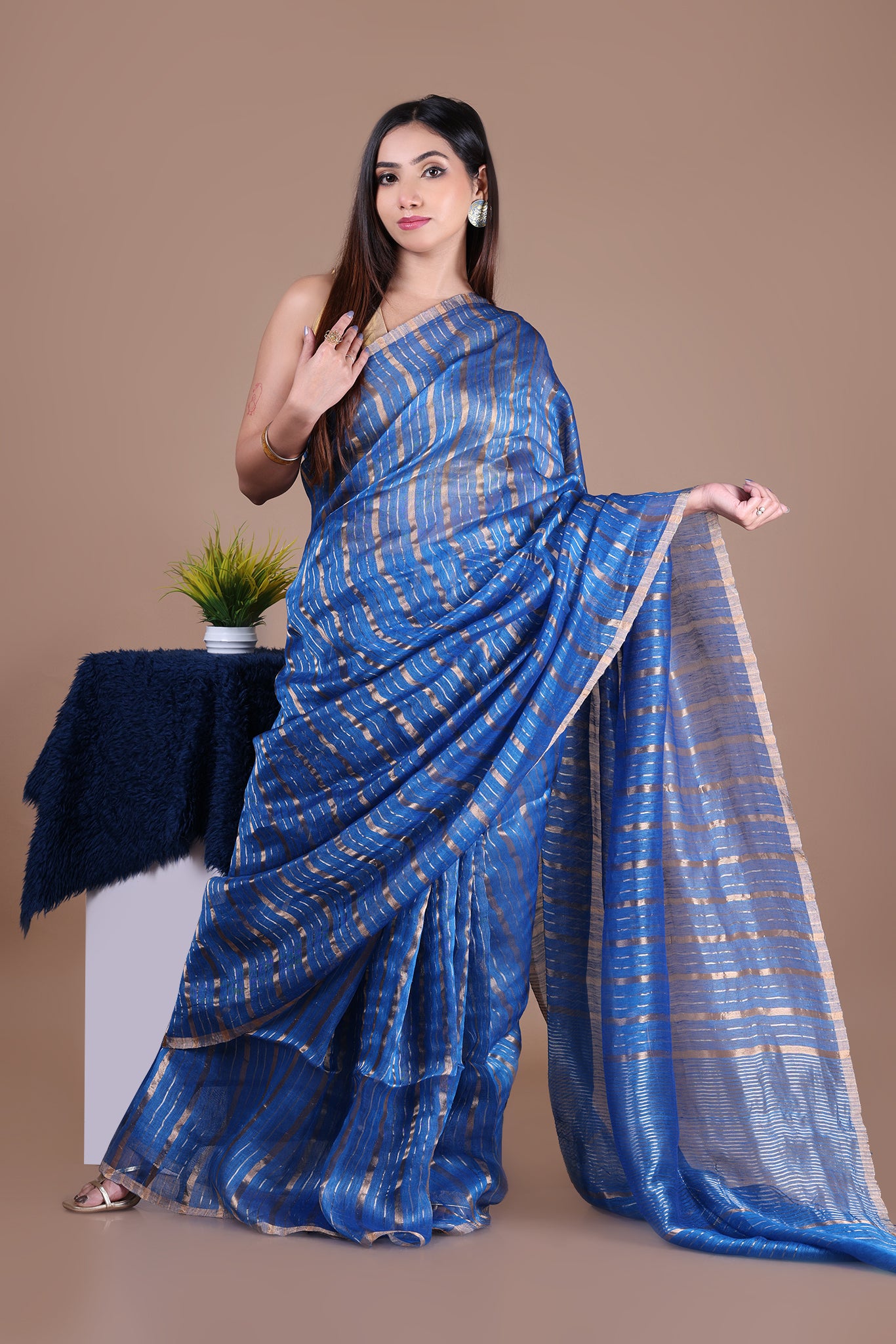IRA - Linen silk saree with silver golden Zari stripes Saree_Blue