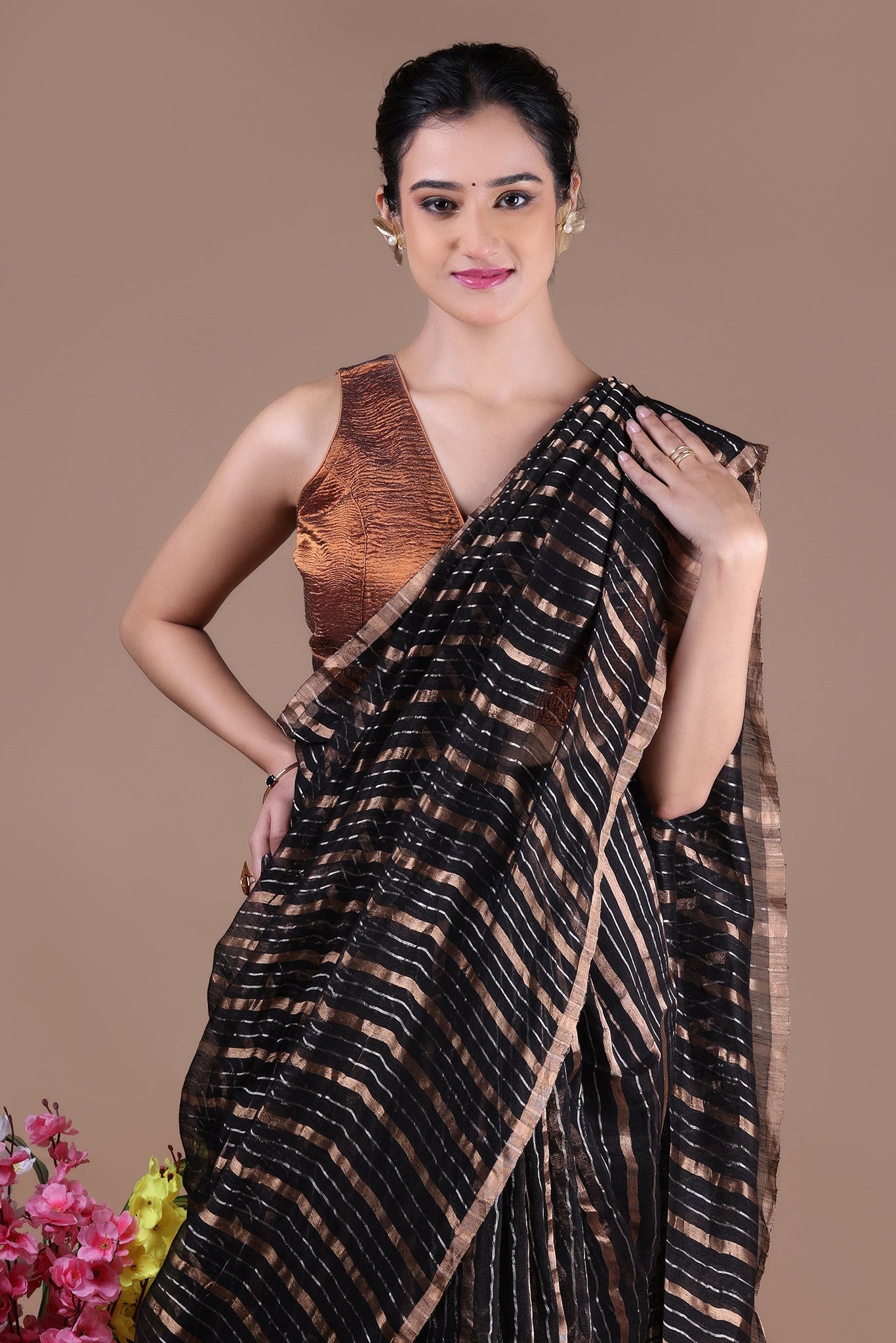 IRA - Linen silk saree with silver golden Zari stripes Saree_Black