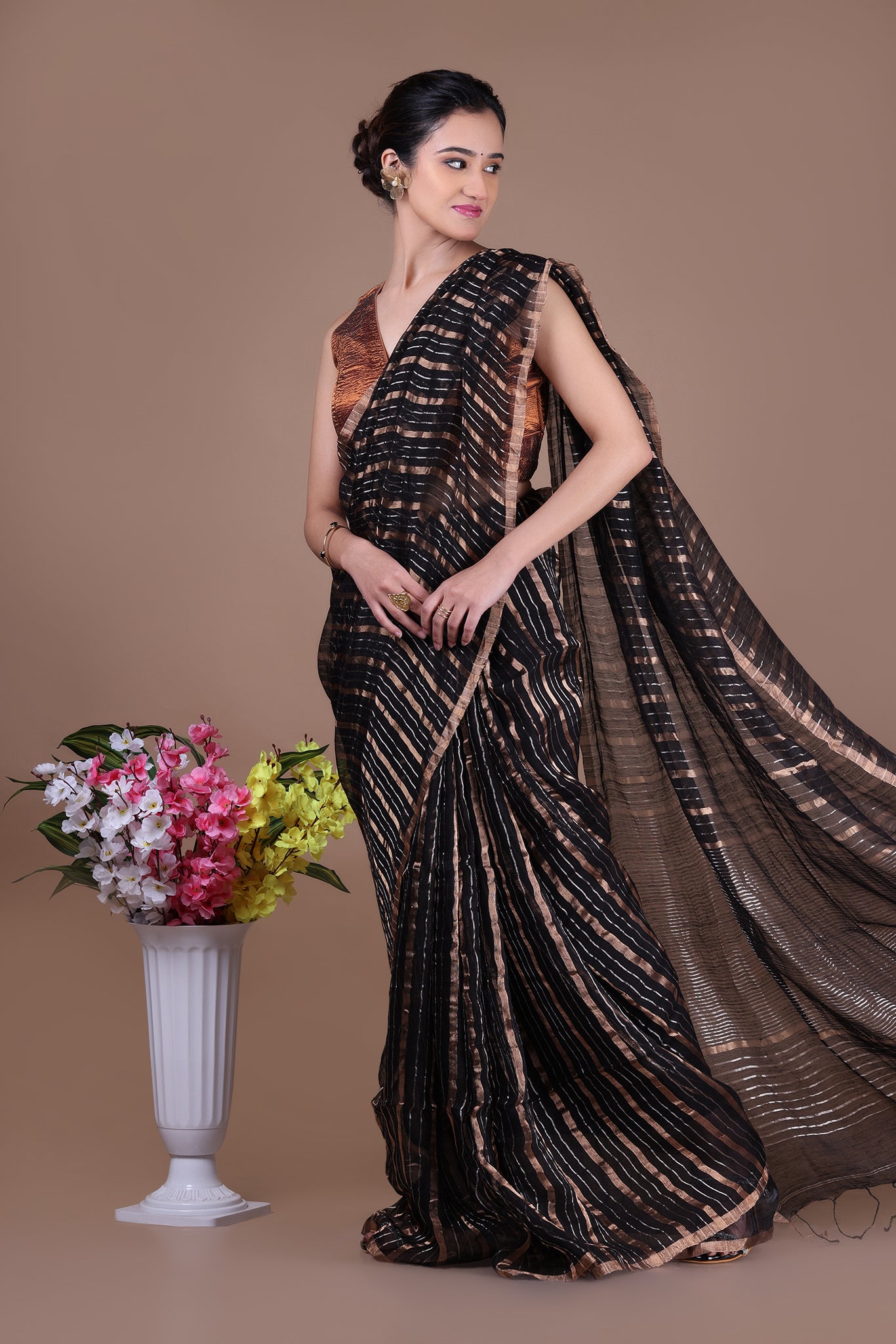 IRA - Linen silk saree with silver golden Zari stripes Saree_Black