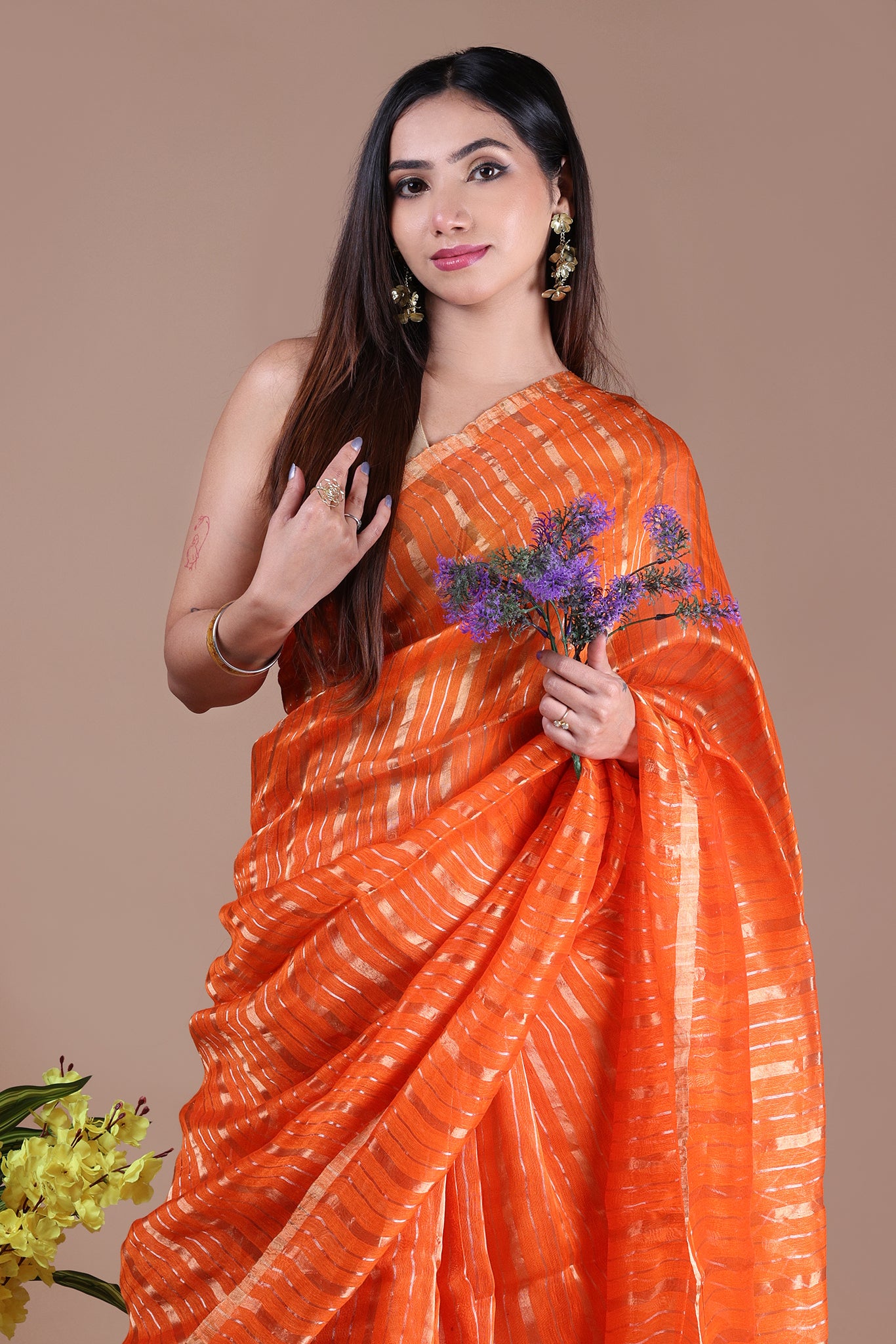 IRA - Linen silk saree with silver golden Zari stripes Saree_Orange