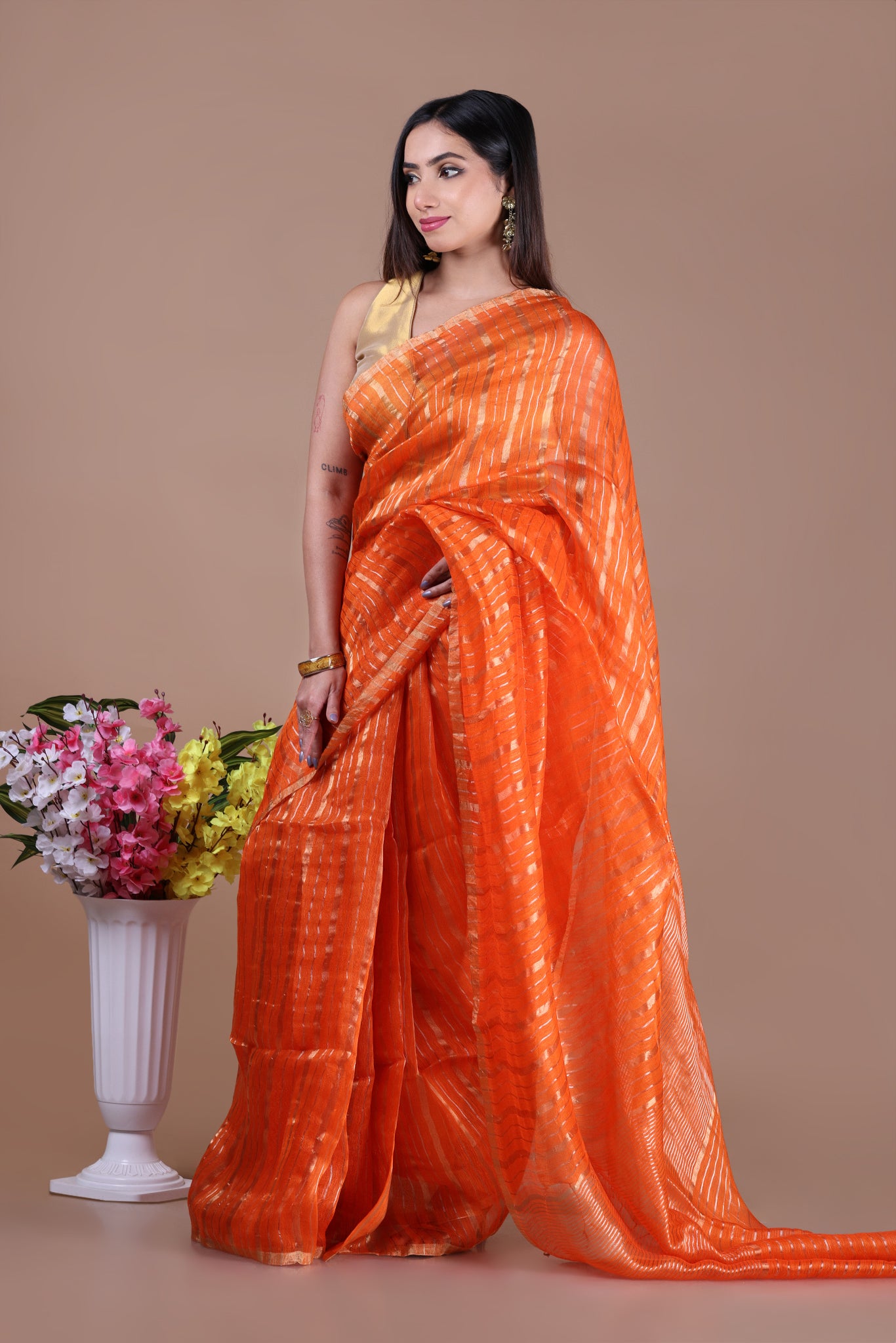 IRA - Linen silk saree with silver golden Zari stripes Saree_Orange