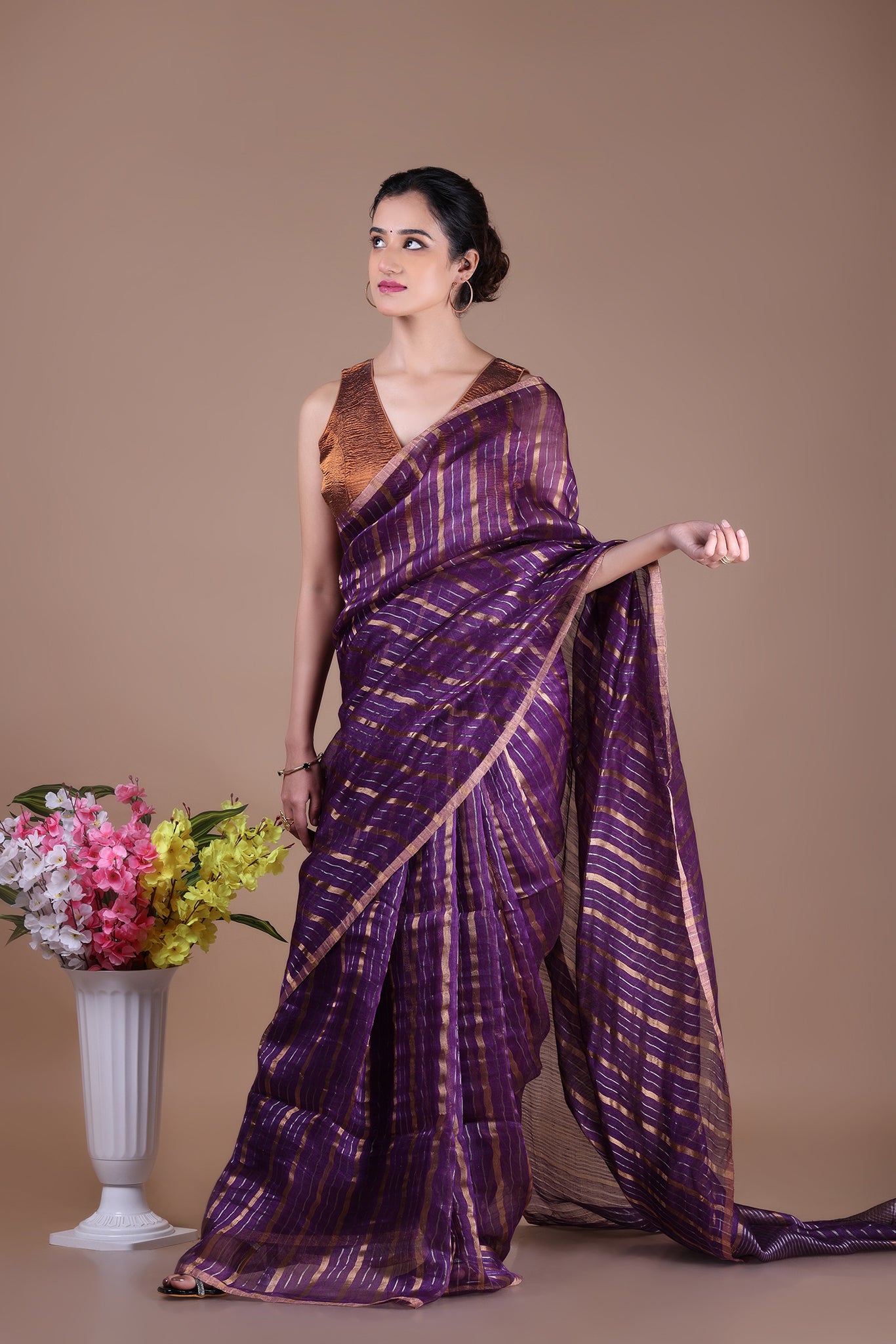 IRA - Linen silk saree with silver golden Zari stripes Saree_Purple