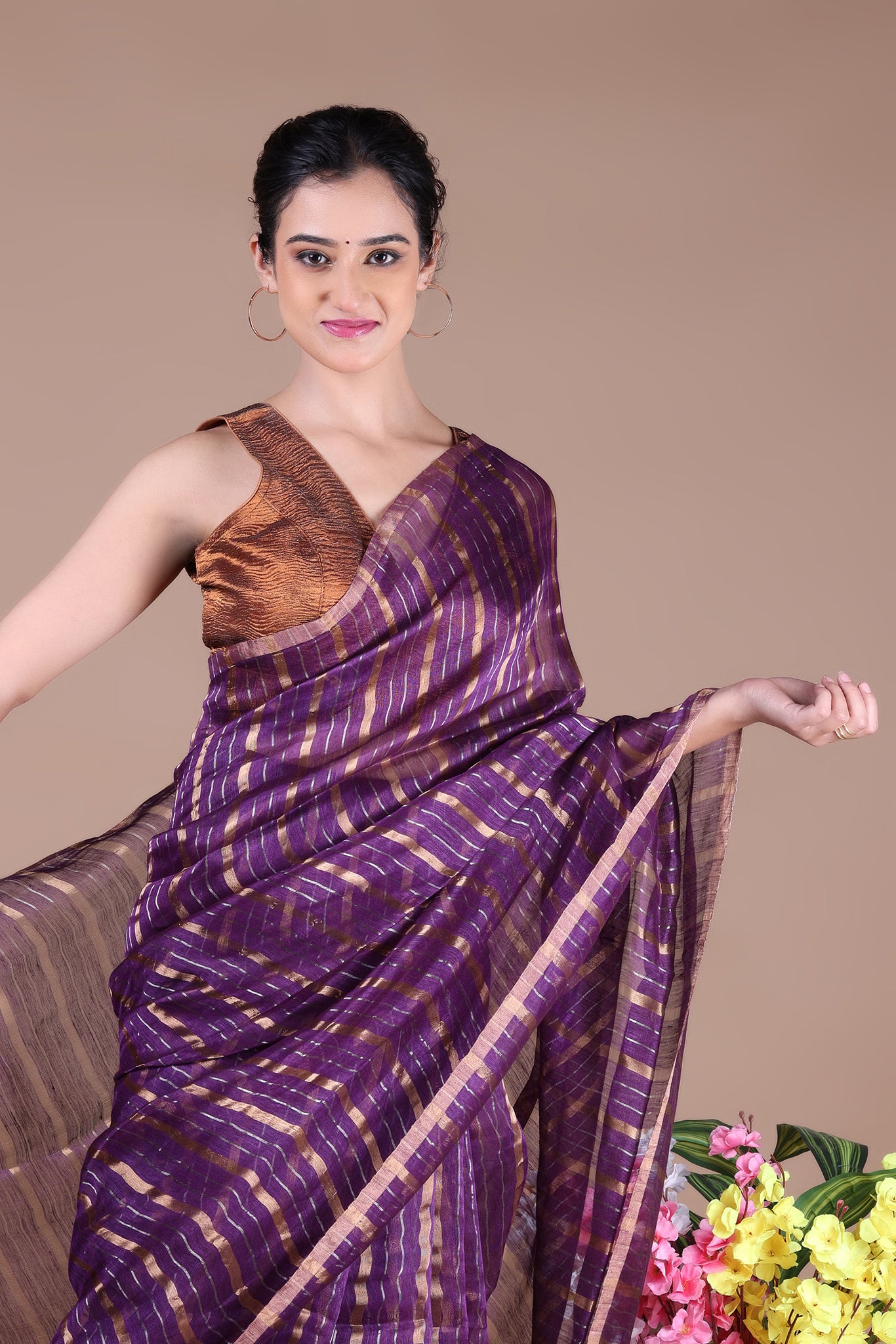 IRA - Linen silk saree with silver golden Zari stripes Saree_Purple