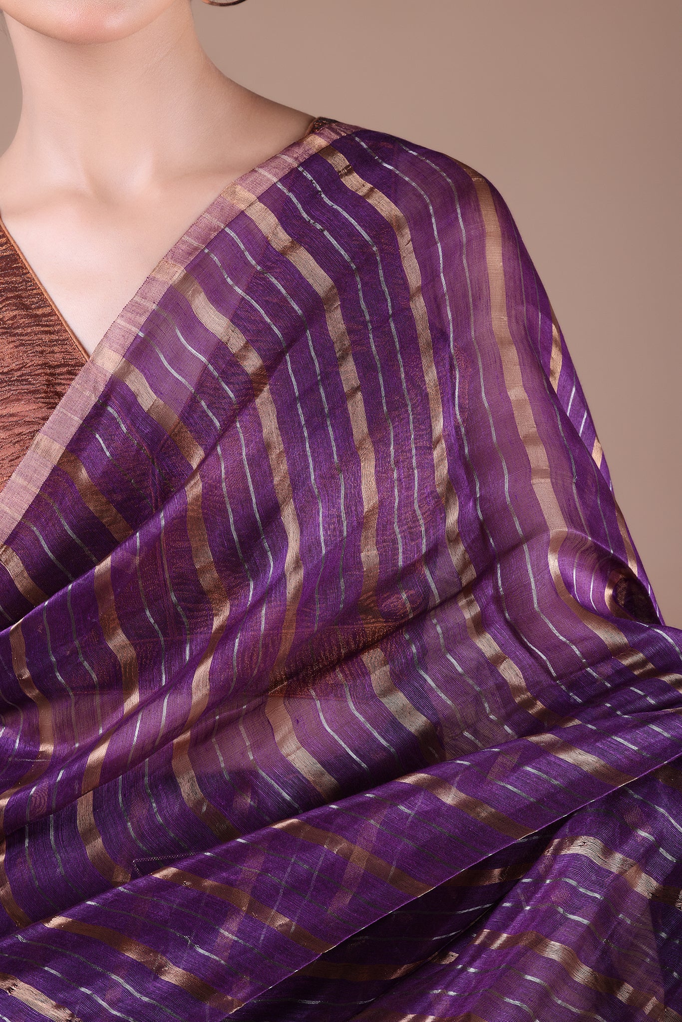 IRA - Linen silk saree with silver golden Zari stripes Saree_Purple