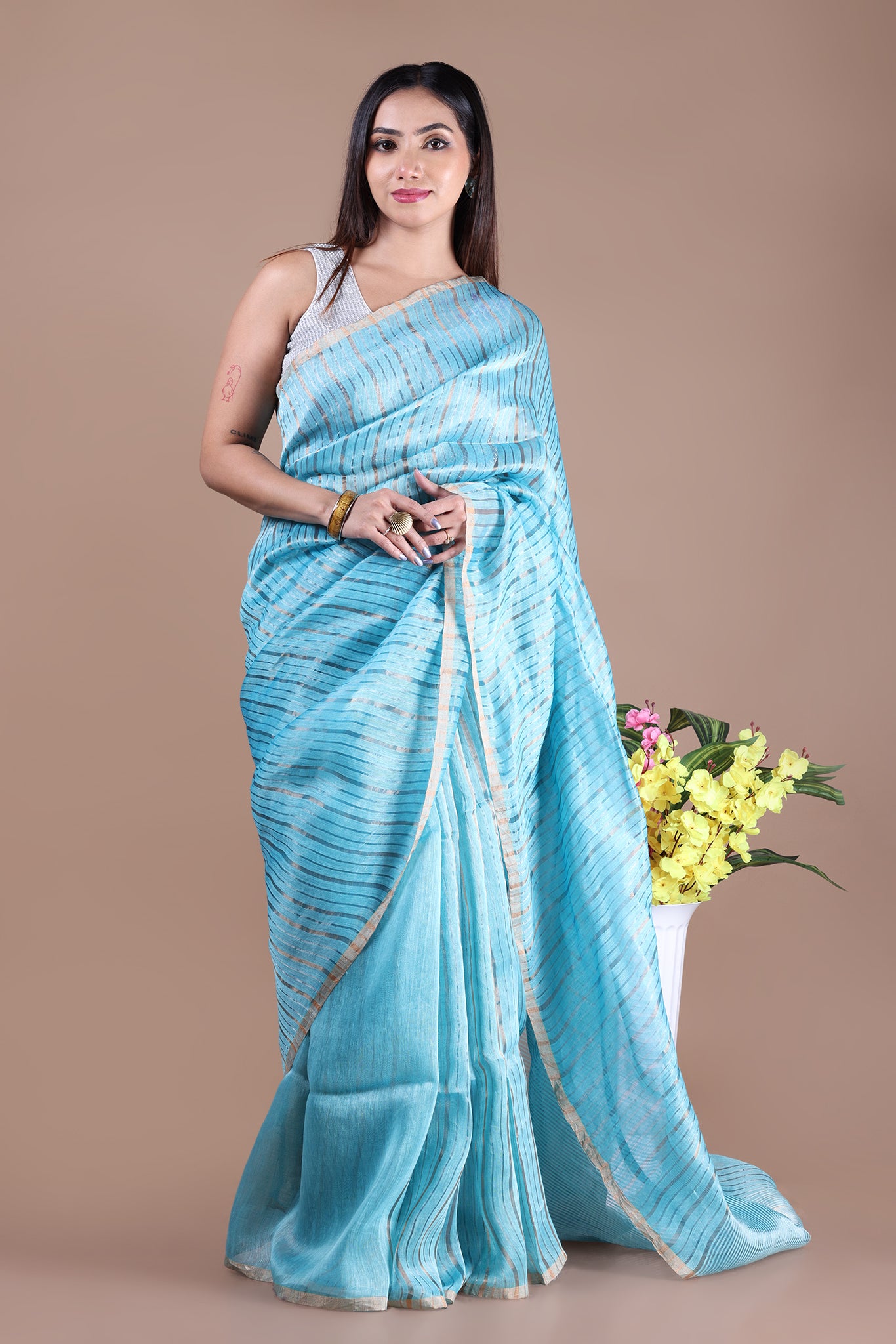 IRA - Linen silk saree with silver golden Zari stripes Saree_Light Blue