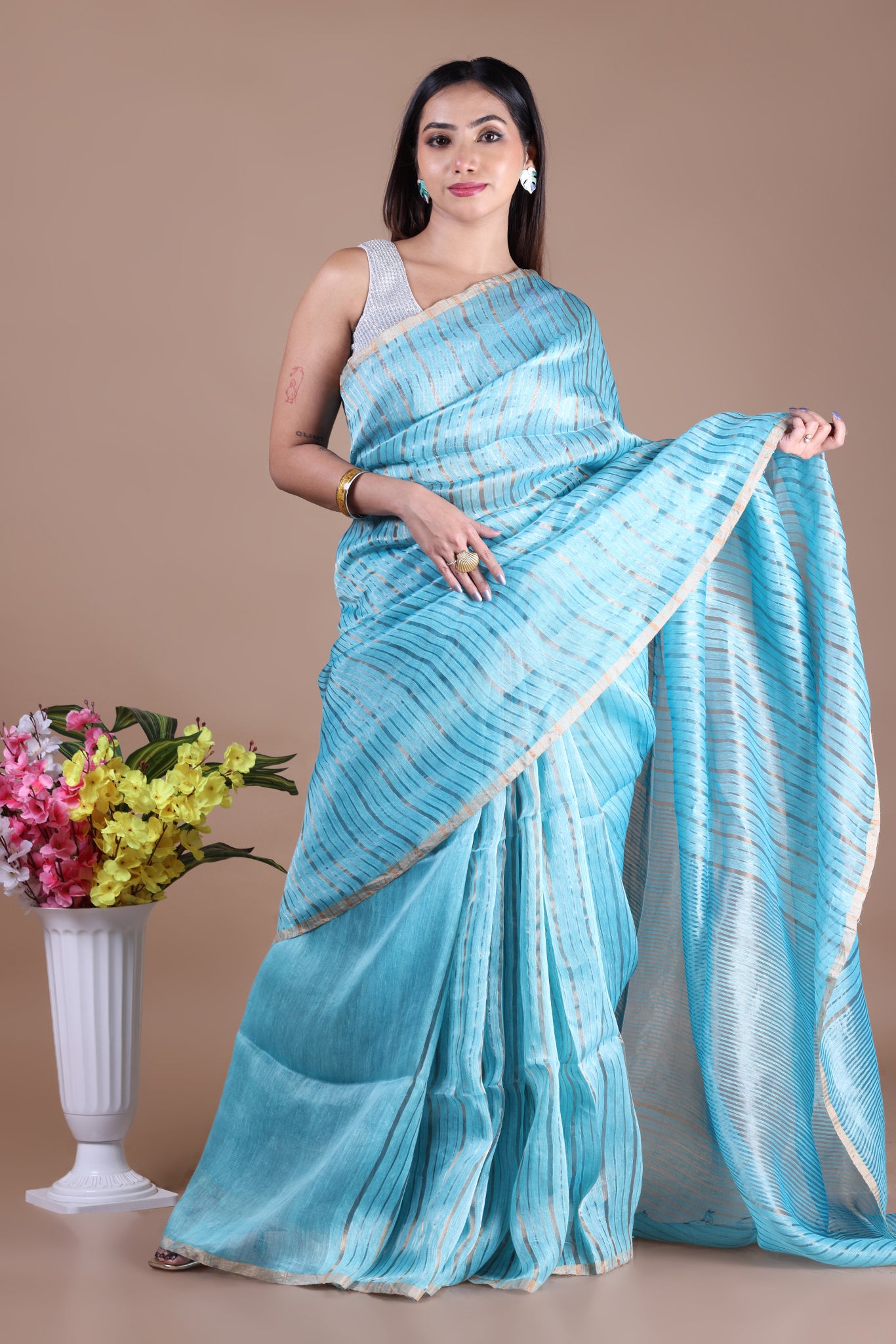 IRA - Linen silk saree with silver golden Zari stripes Saree_Light Blue
