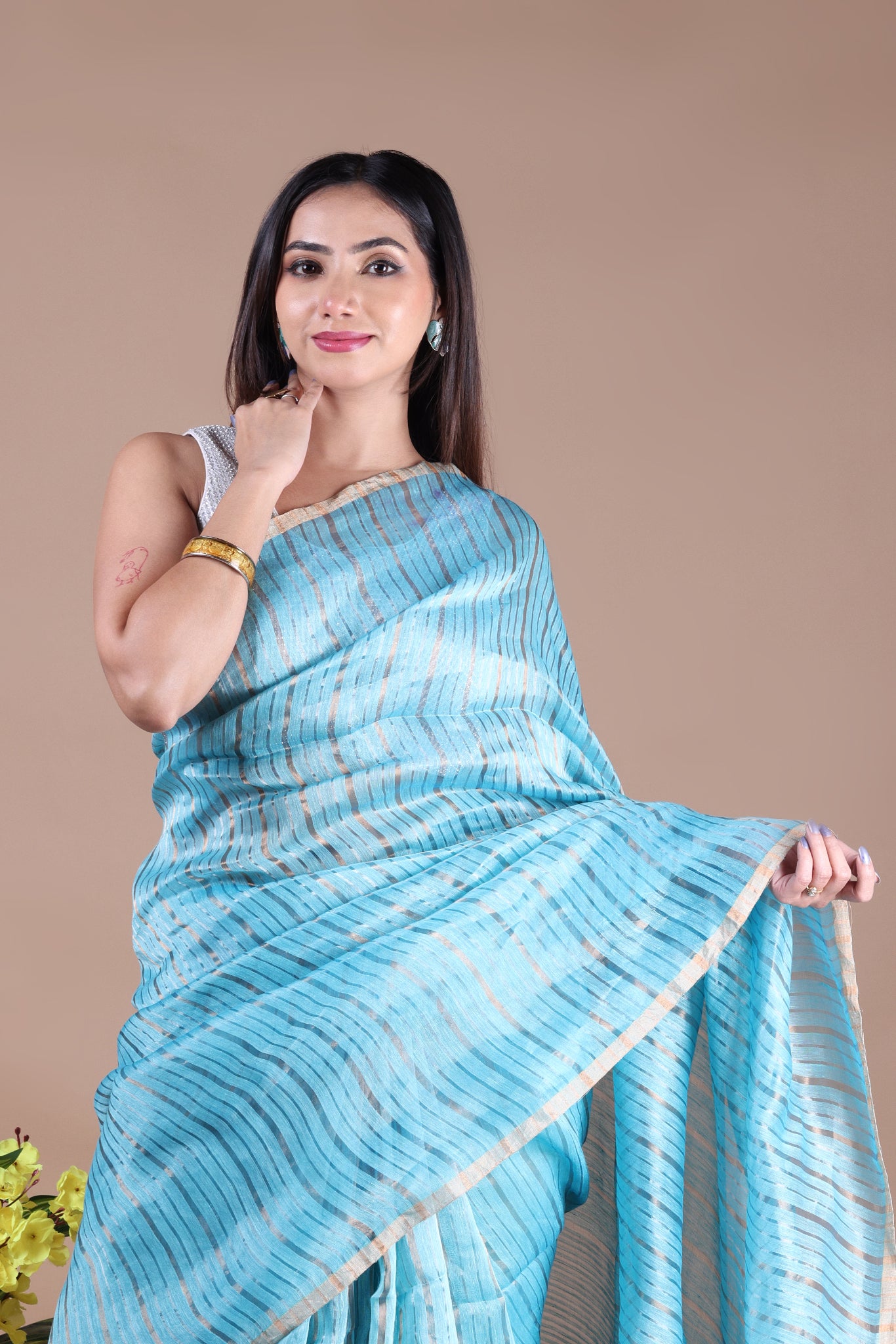 IRA - Linen silk saree with silver golden Zari stripes Saree_Light Blue