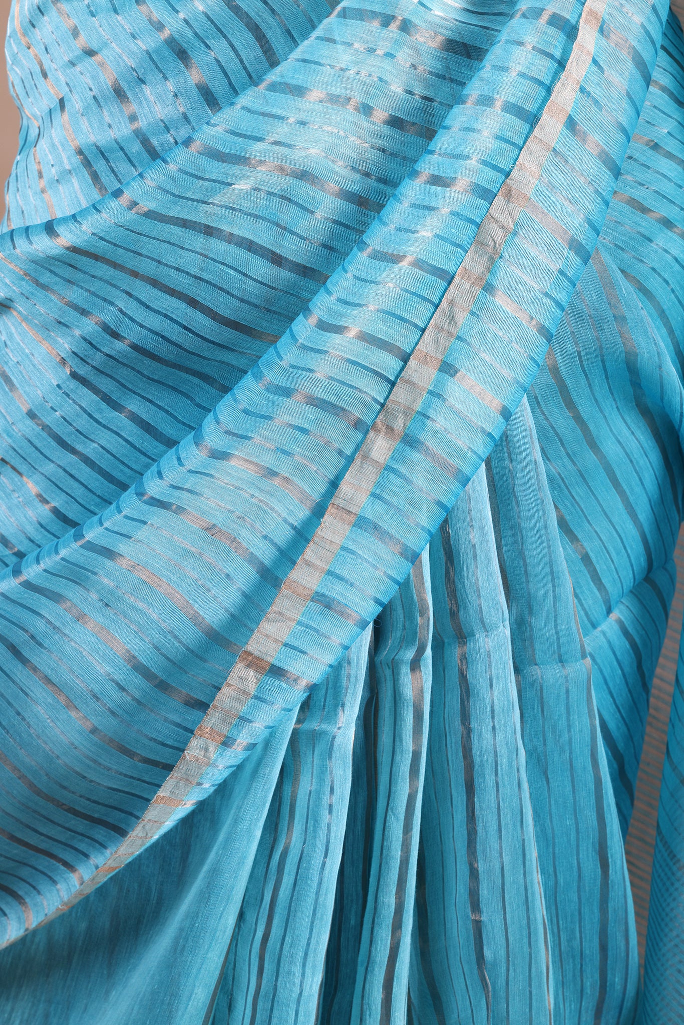IRA - Linen silk saree with silver golden Zari stripes Saree_Light Blue