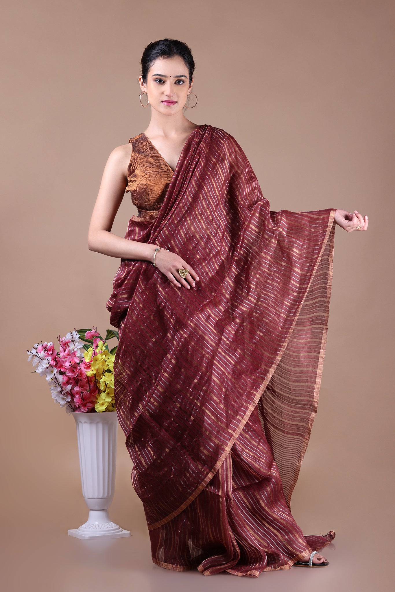 IRA - Linen silk saree with silver golden Zari stripes Saree_ Coffee Brown