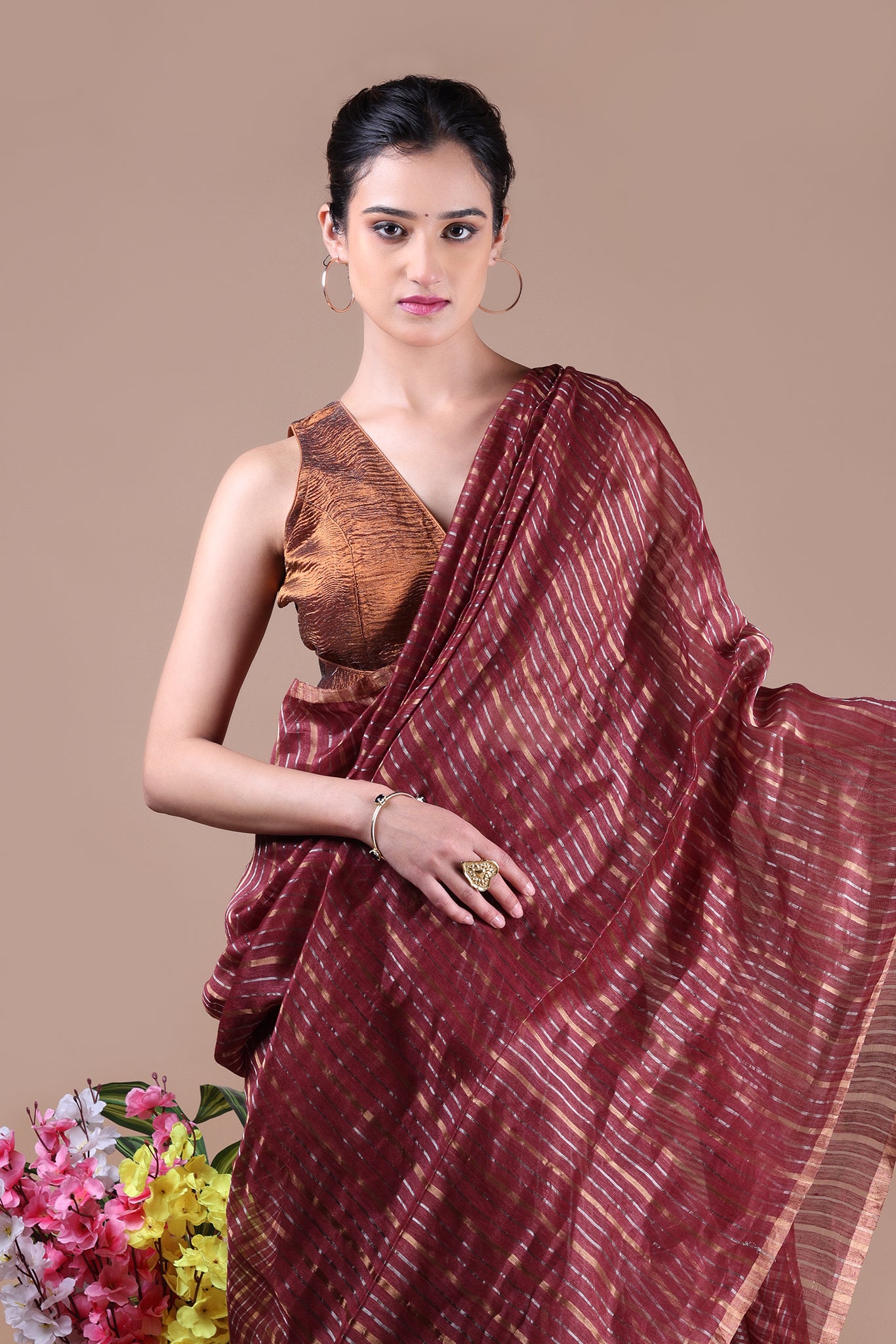 IRA - Linen silk saree with silver golden Zari stripes Saree_ Coffee Brown