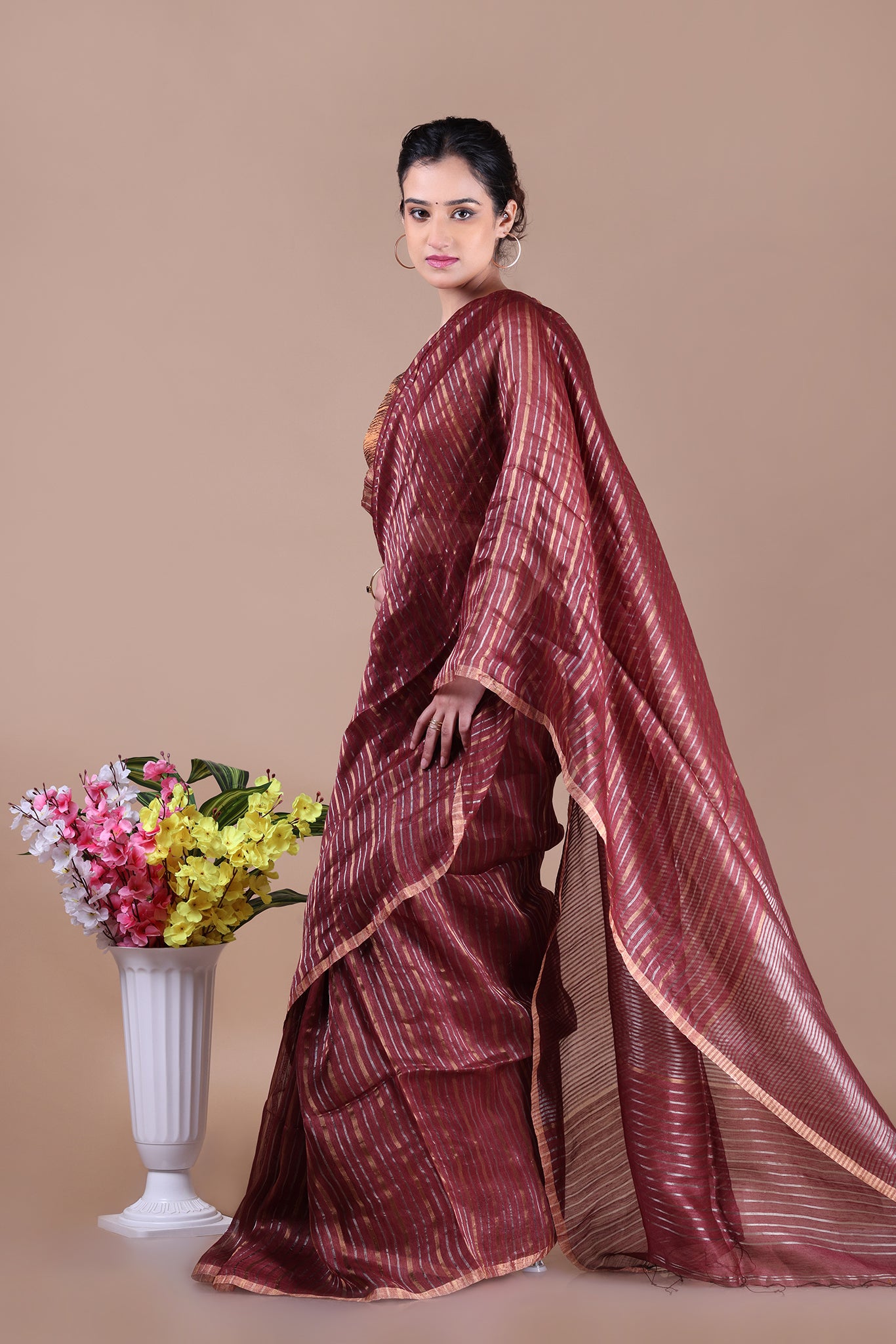 IRA - Linen silk saree with silver golden Zari stripes Saree_ Coffee Brown
