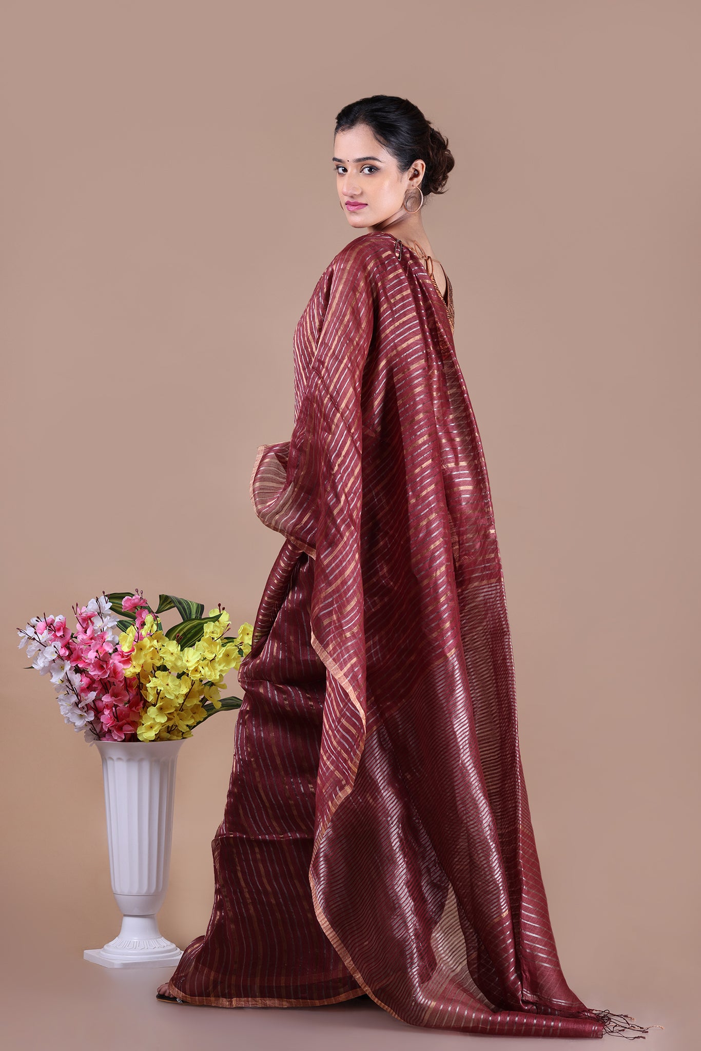 IRA - Linen silk saree with silver golden Zari stripes Saree_ Coffee Brown