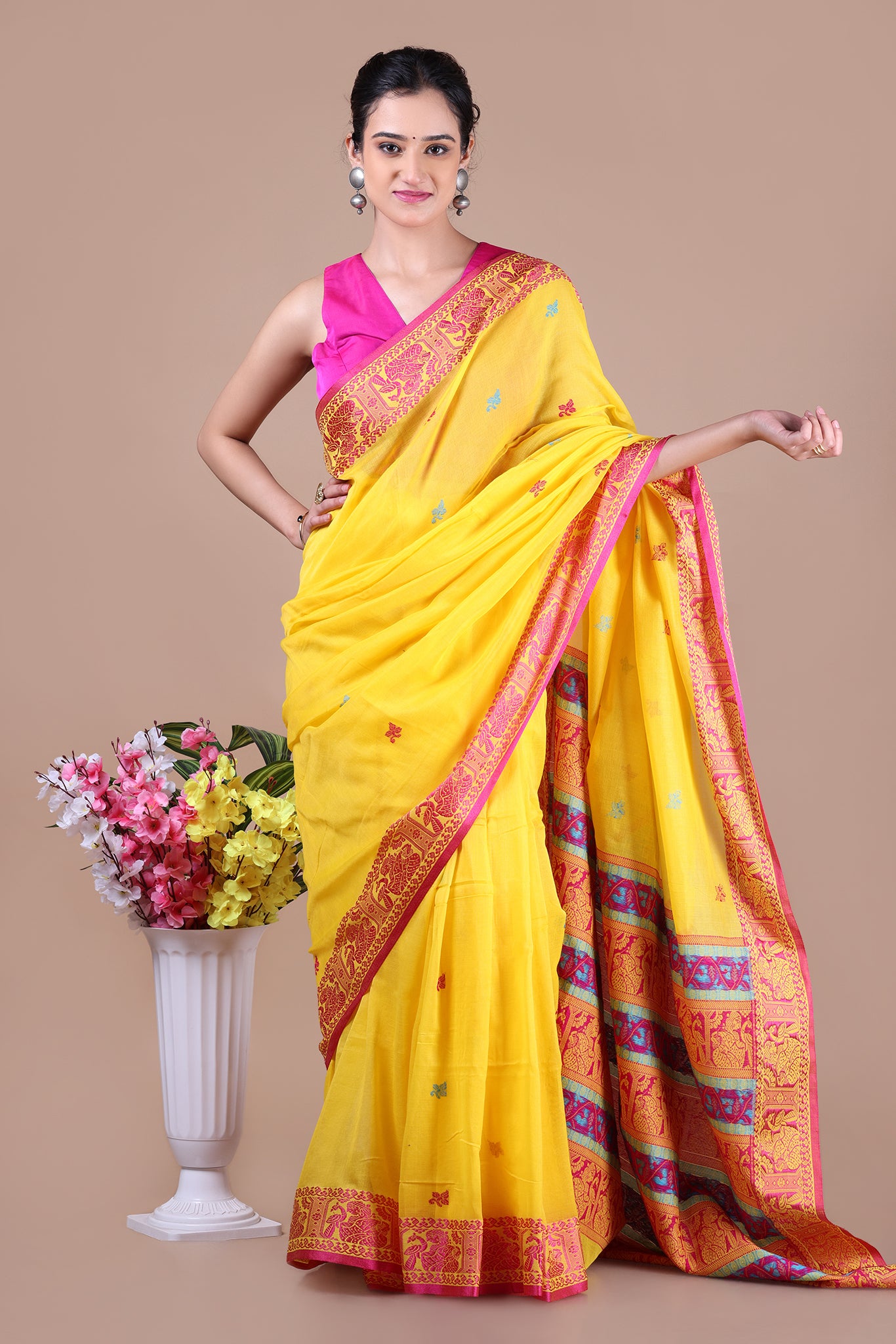 Bishnupadi: Premiun Cotton baluchari Saree_Bright Yellow