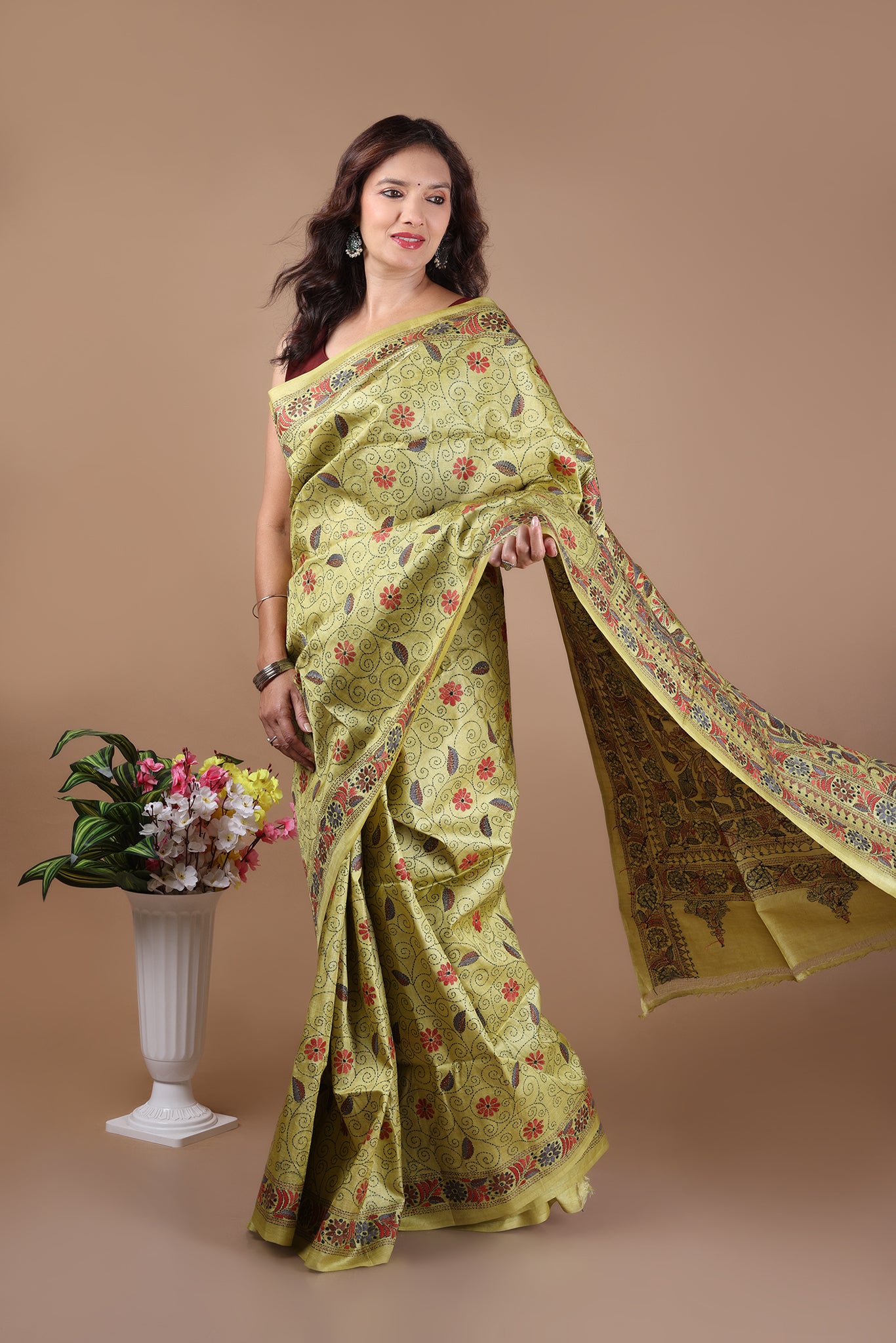 Rima - Pure Tusser Silk with allover Kantha Embroidery_yellow