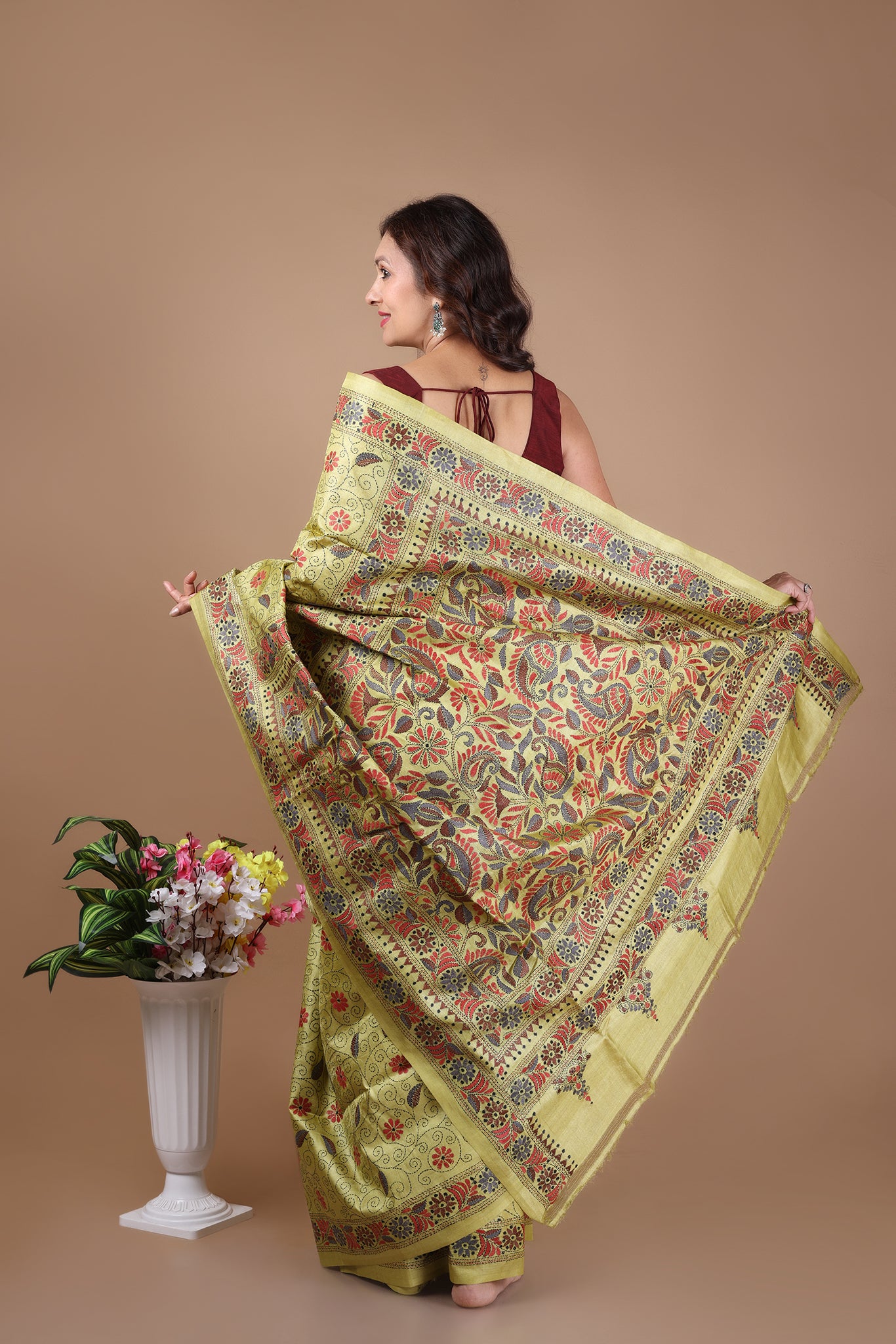 Rima - Pure Tusser Silk with allover Kantha Embroidery_yellow