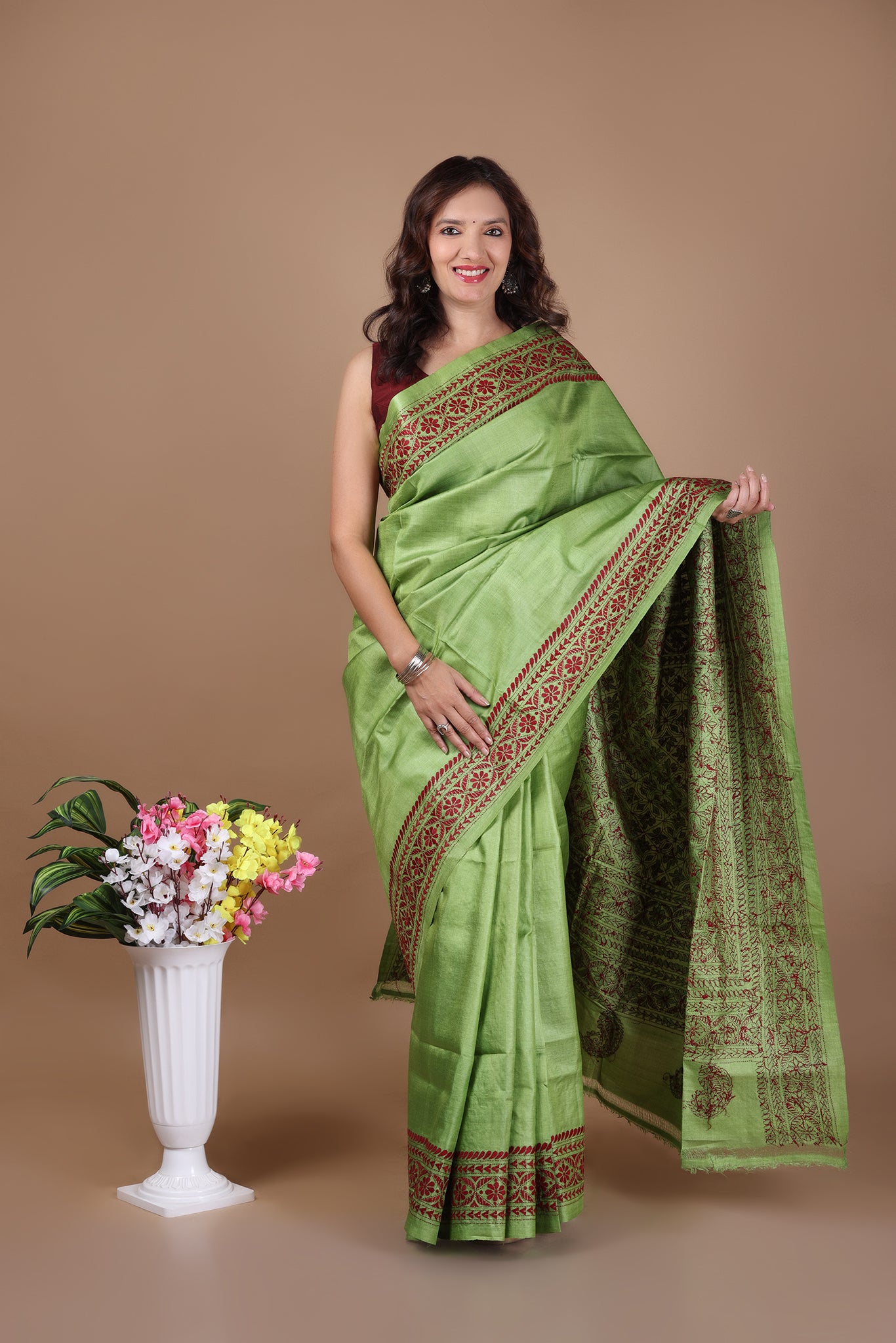 Rima - Pure Tusser Silk with allover Kantha Embroidery_Green