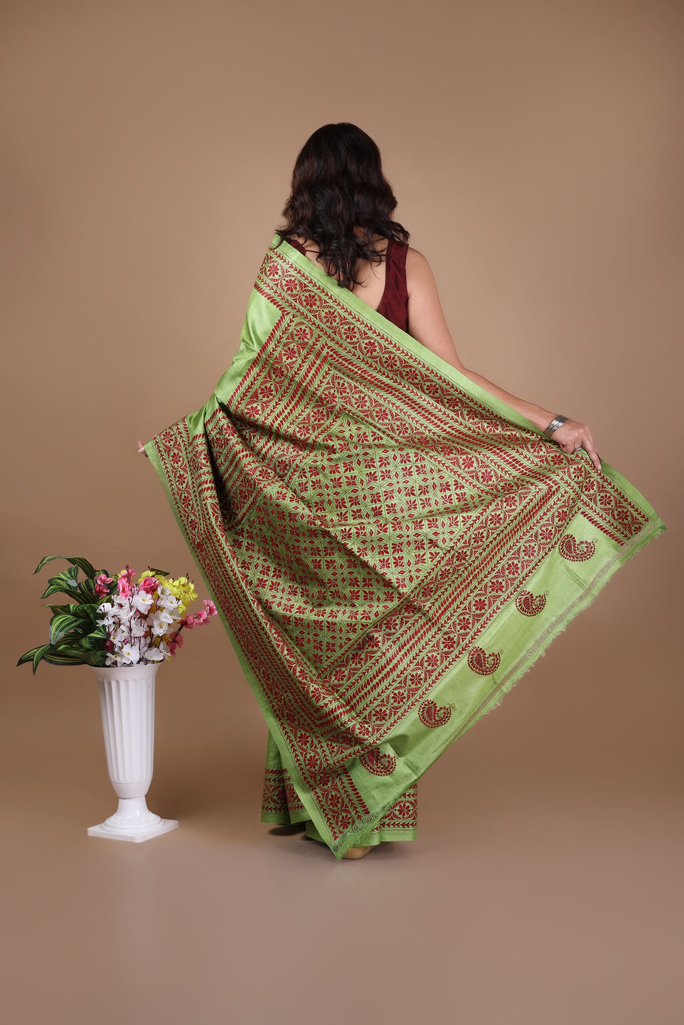 Rima - Pure Tusser Silk with allover Kantha Embroidery_Green