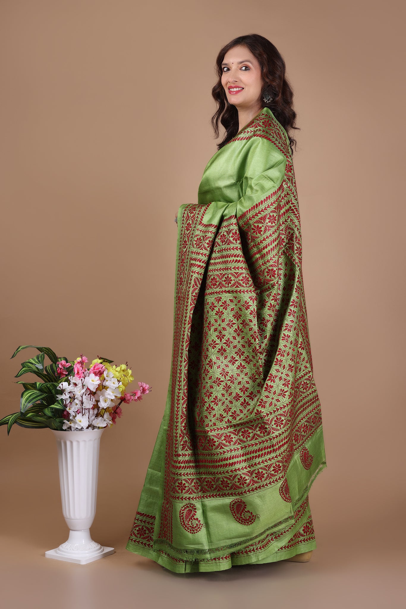 Rima - Pure Tusser Silk with allover Kantha Embroidery_Green