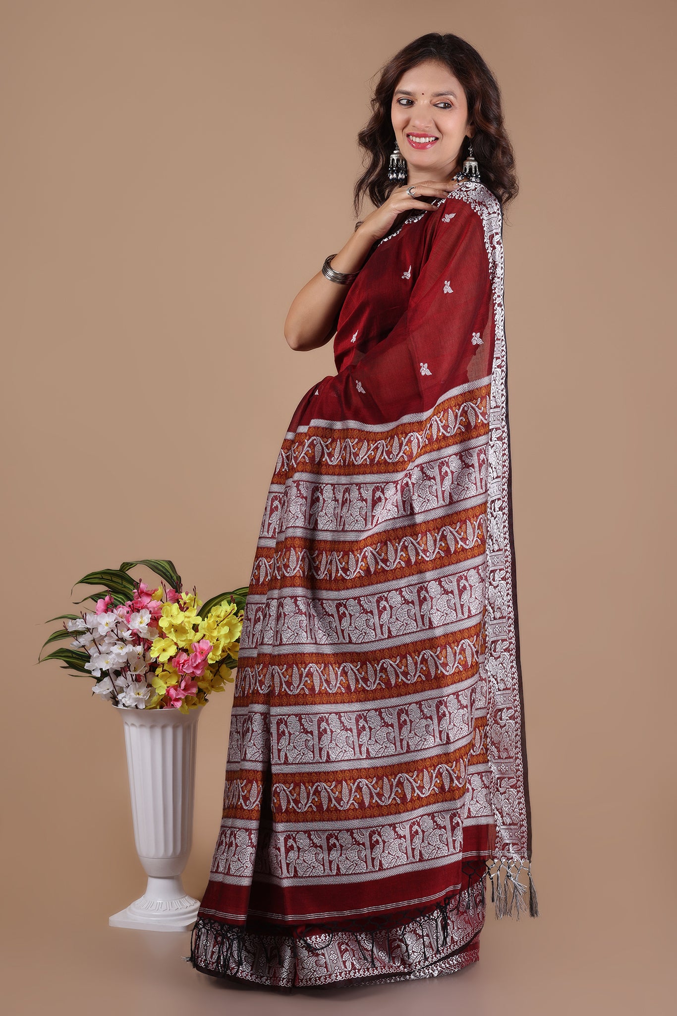 Bishnupadi: Premiun Cotton baluchari Saree_Maroon