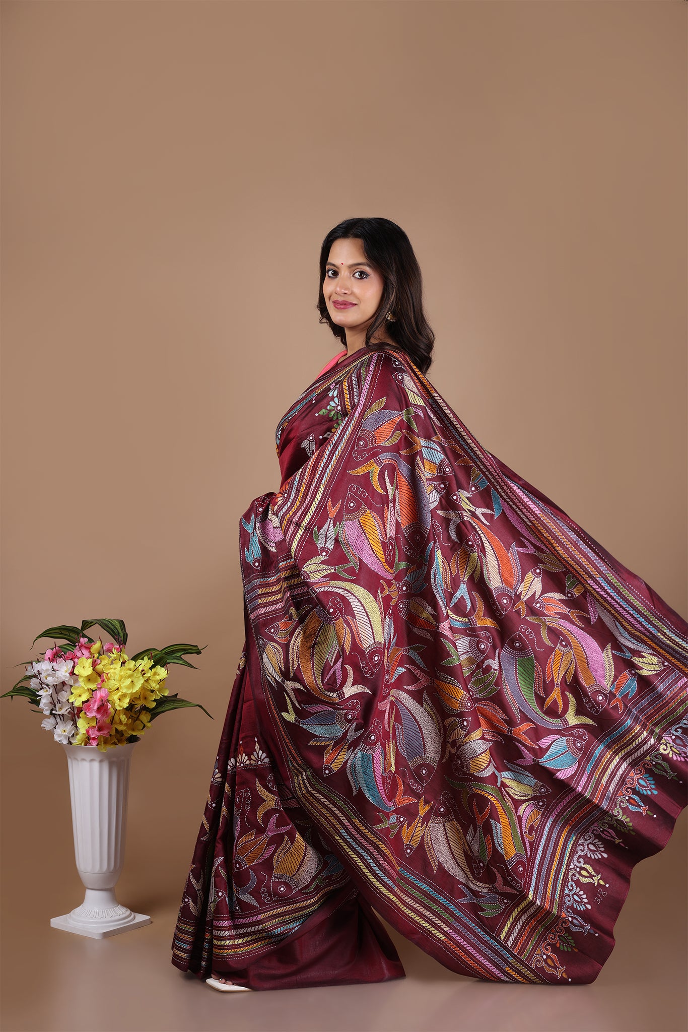 Rima - Pure Bangalore Silk Kantha Embroidery_Maroon