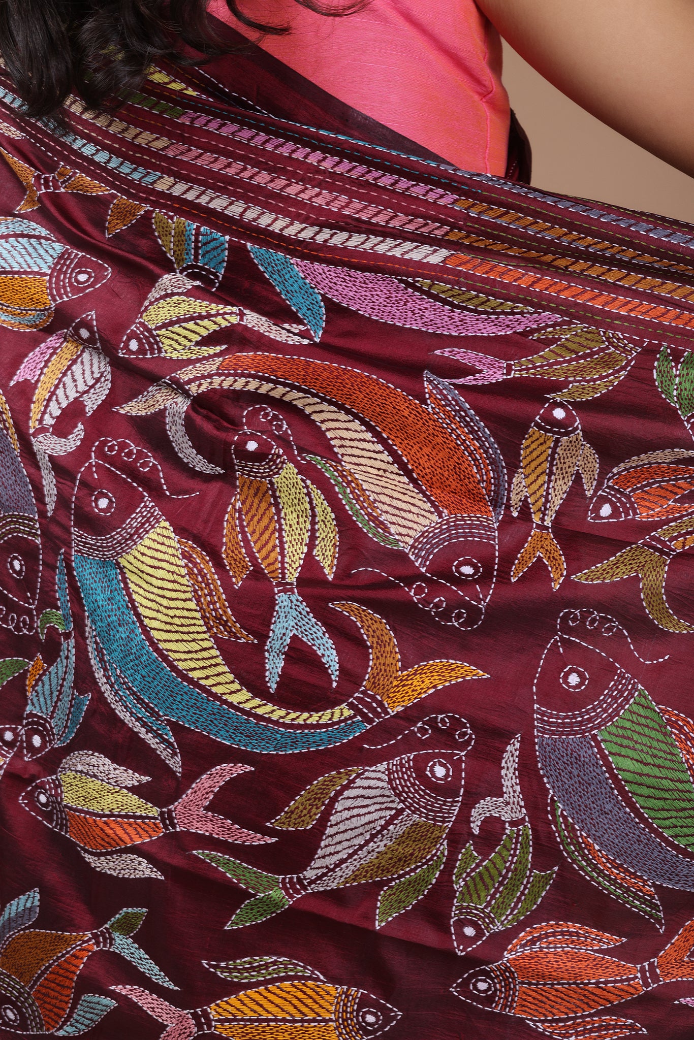 Rima - Pure Bangalore Silk Kantha Embroidery_Maroon