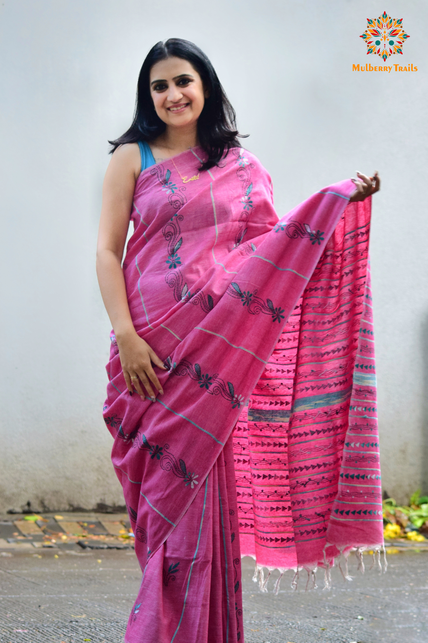 Vipas: Cotton Handloom Saree with Kantha Embroidery