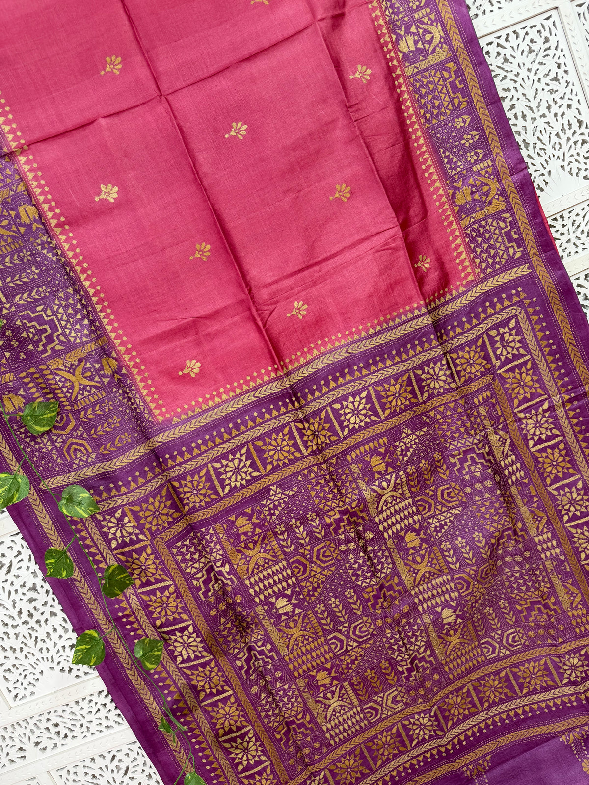 Rima - Tusser silk saree with kantha embroidery pink