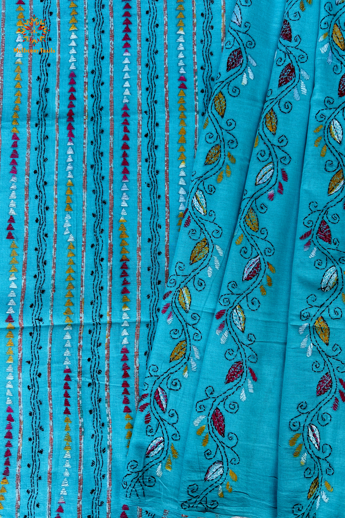 Vipas: Cotton Handloom Saree with Kantha Embroidery - Blue