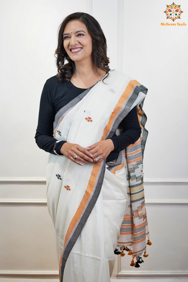 Cotton Handloom Saree
Pure Cotton Saree with for office wear. 
Model is wearing cotton saree for office, day outing, casual wear. 
Handloom saree, handloom mark, handwoven saree
Luxury Pure cotton Saree
Premium Sarees for office wear. sankranti, govt festivals, formal occassions, army events