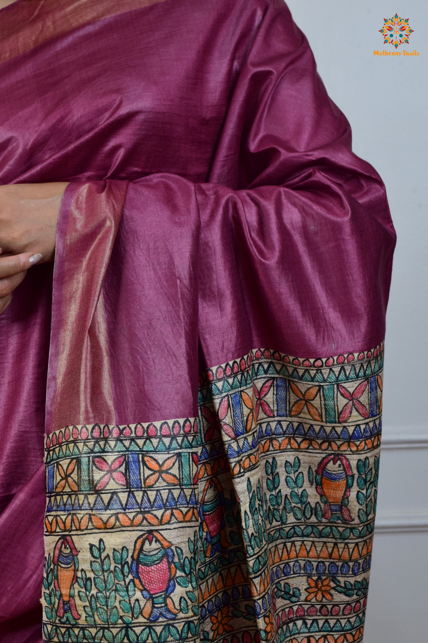 Pavani - Staple Tusser Handpainted Madhubani Saree- Mauve