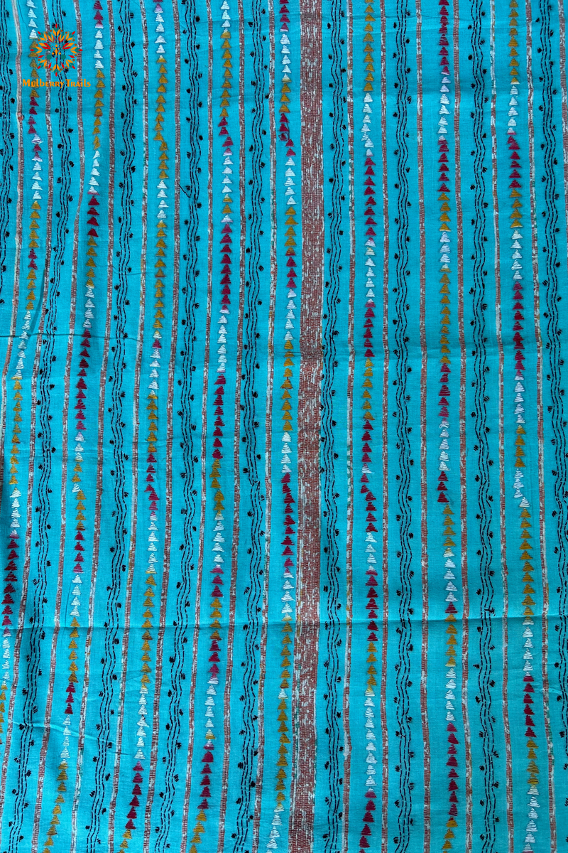 Vipas: Cotton Handloom Saree with Kantha Embroidery - Blue