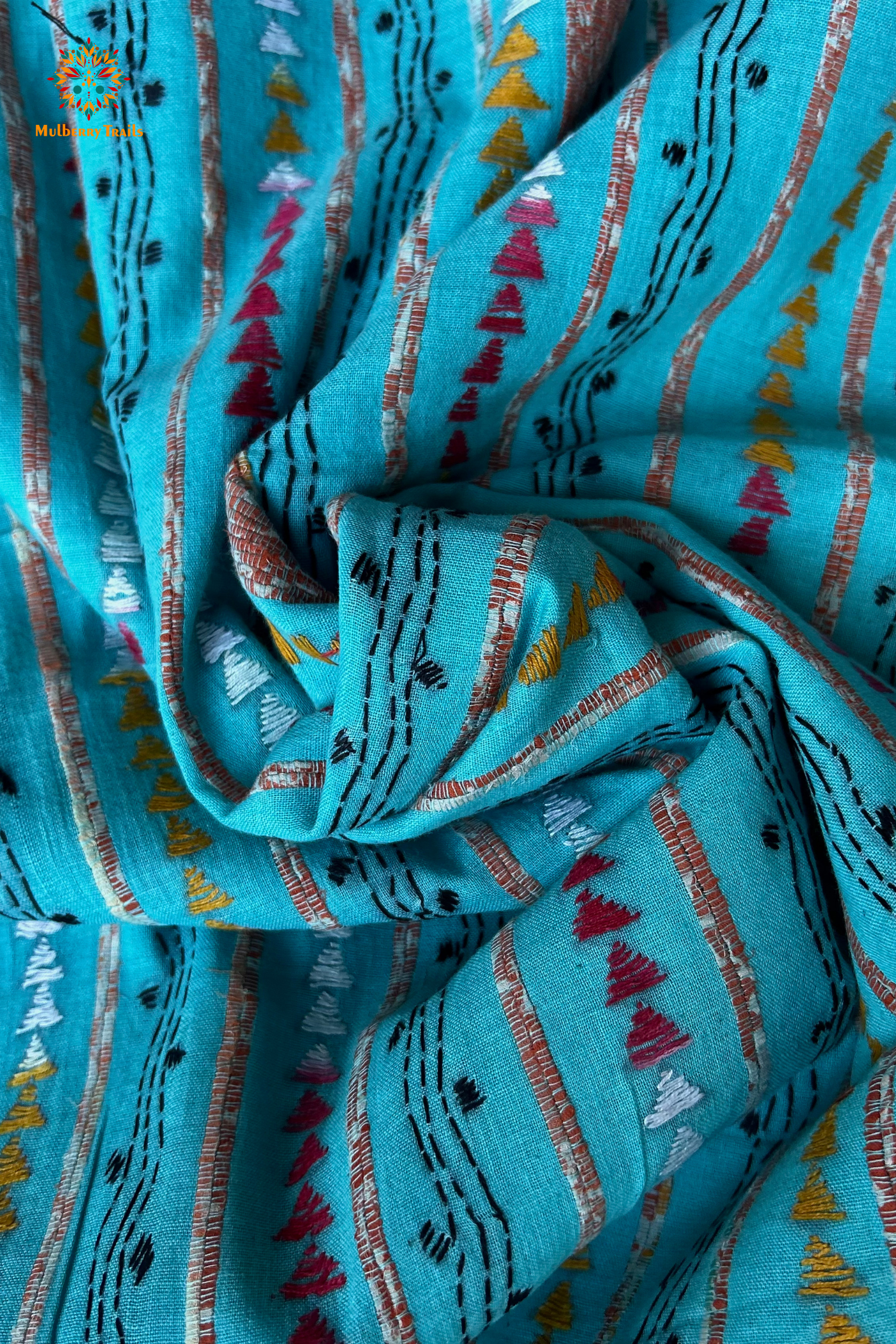 Vipas: Cotton Handloom Saree with Kantha Embroidery - Blue