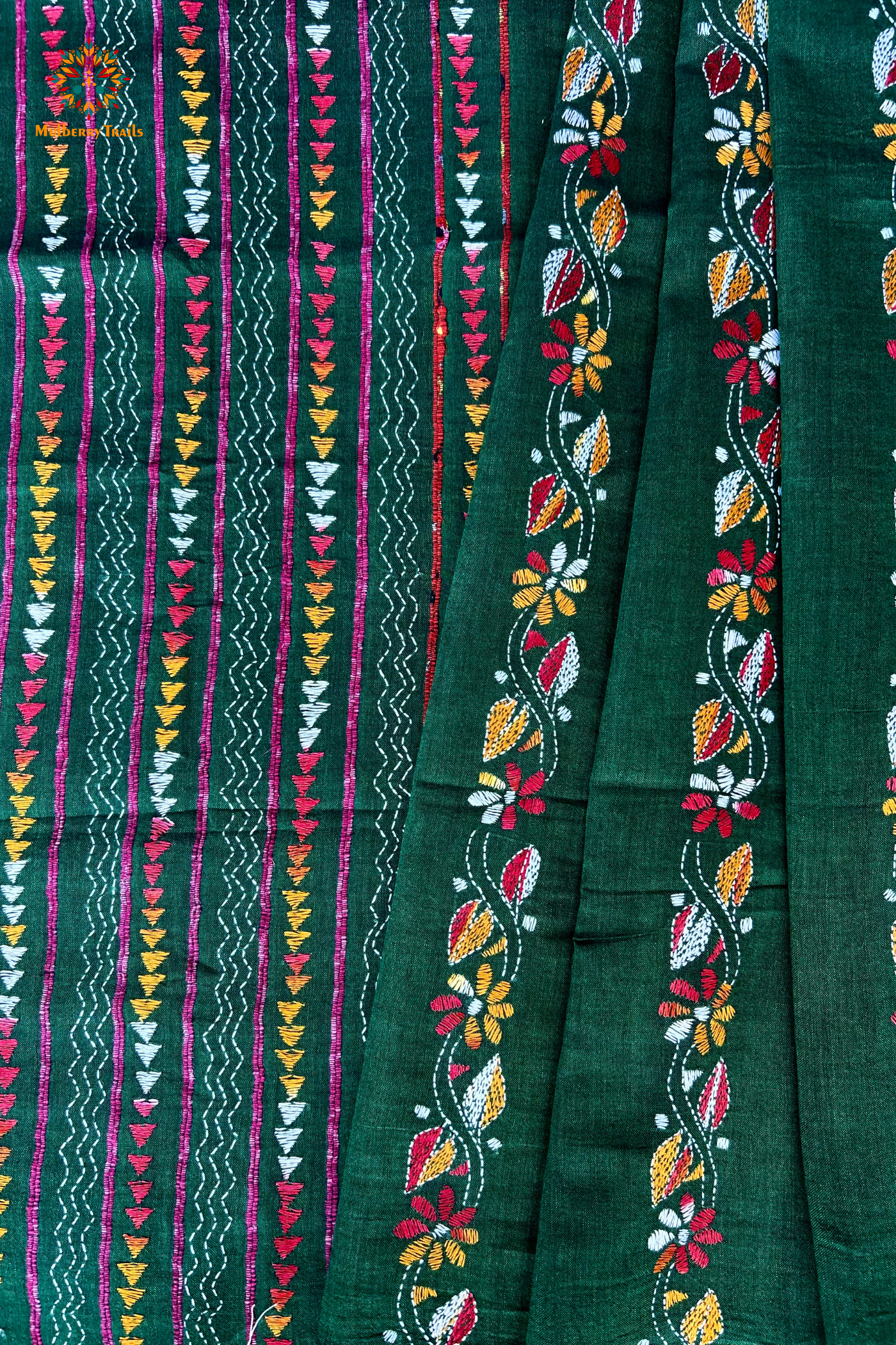 Vipas: Cotton Handloom Saree with Kantha Embroidery - Green