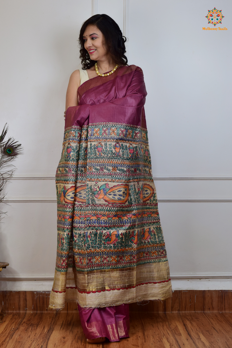 Pavani - Staple Tusser Handpainted Madhubani Saree- Mauve