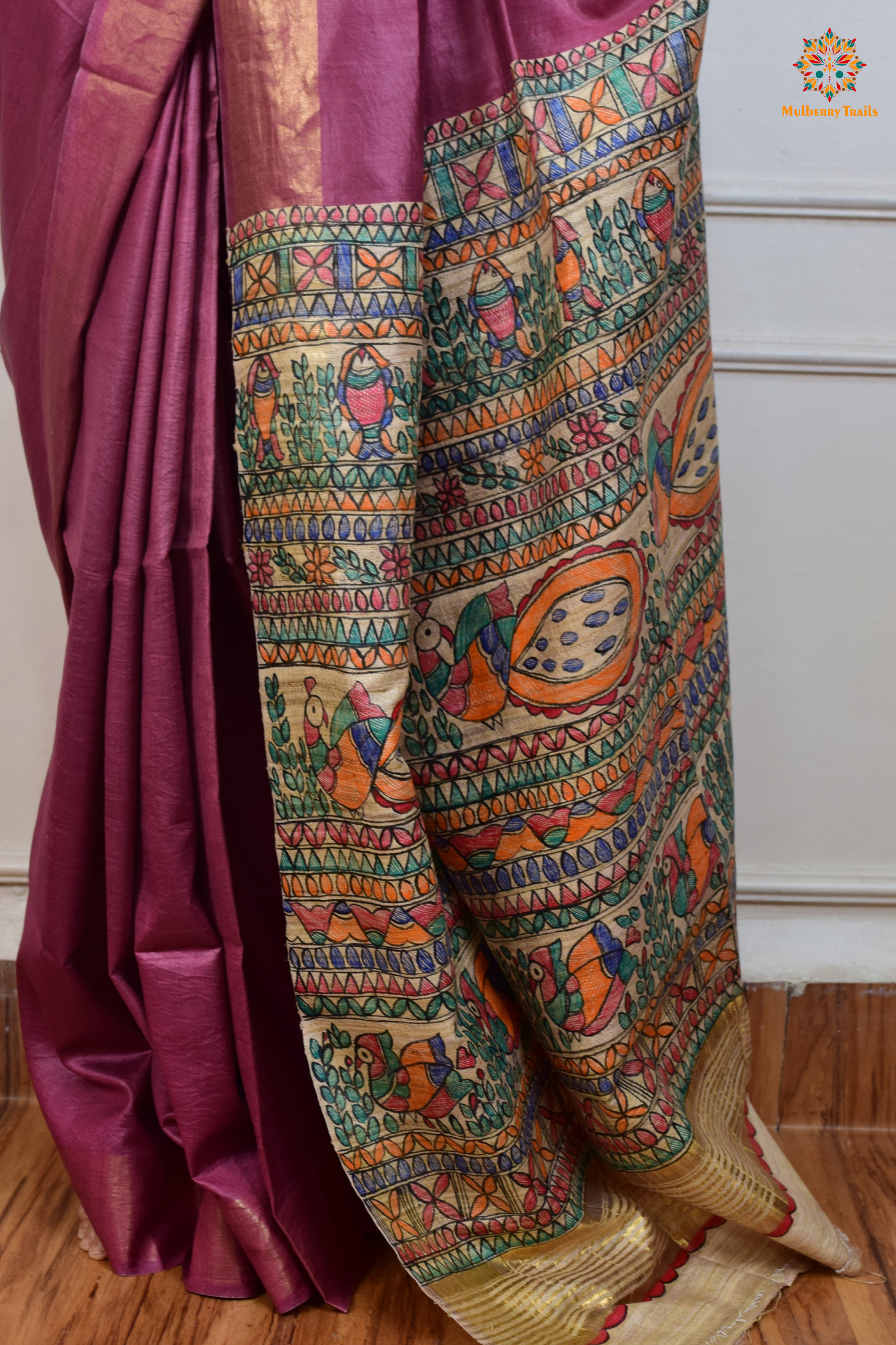 Pavani - Staple Tusser Handpainted Madhubani Saree- Mauve