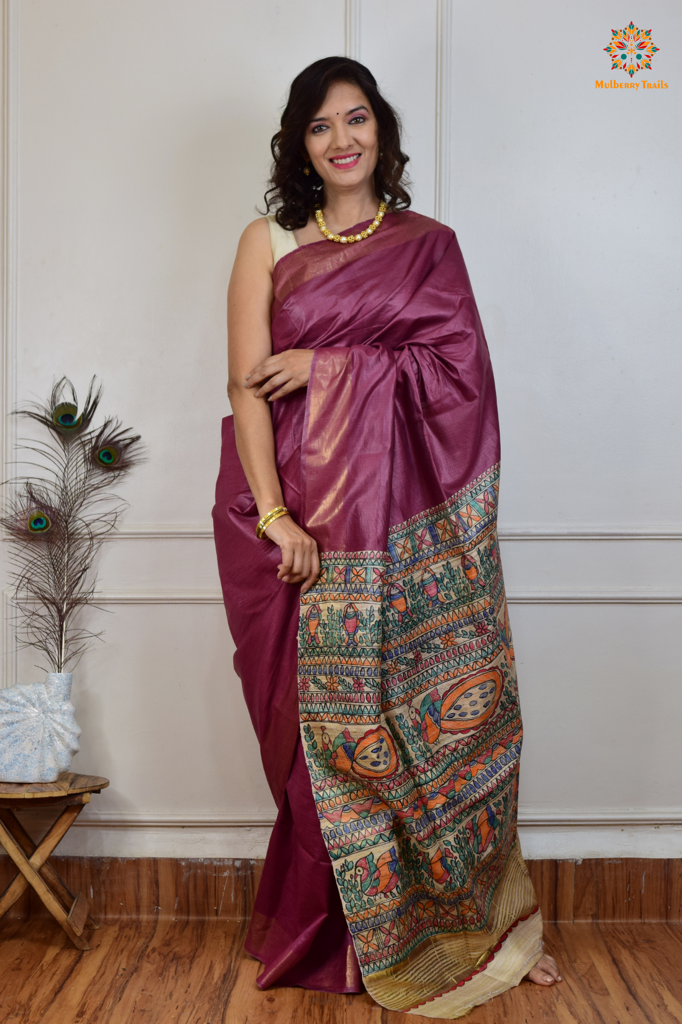 Pavani - Staple Tusser Handpainted Madhubani Saree- Mauve