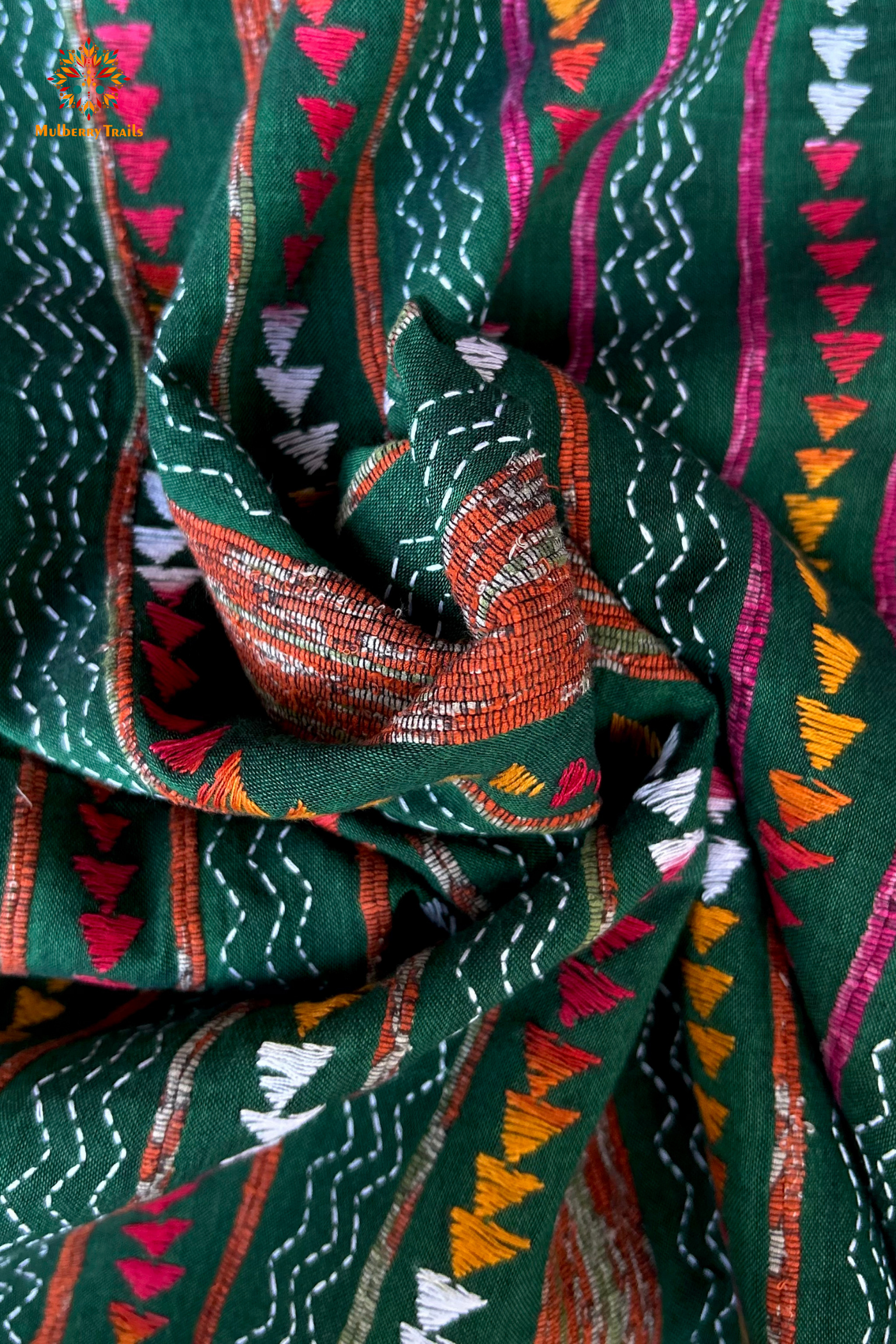 Vipas: Cotton Handloom Saree with Kantha Embroidery - Green