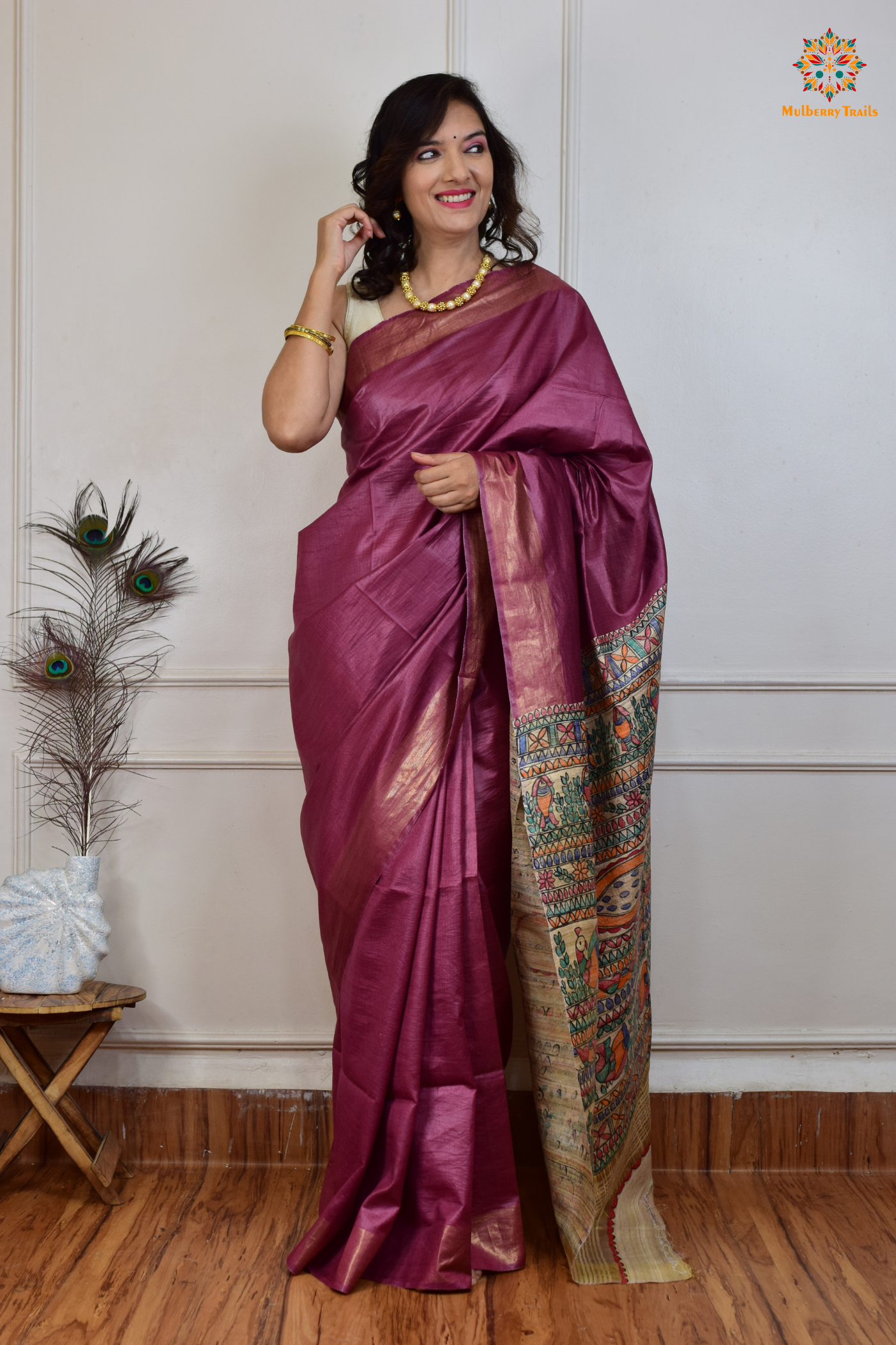 Pavani - Staple Tusser Handpainted Madhubani Saree- Mauve