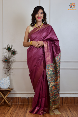 Pavani - Staple Tusser Handpainted Madhubani Saree- Mauve