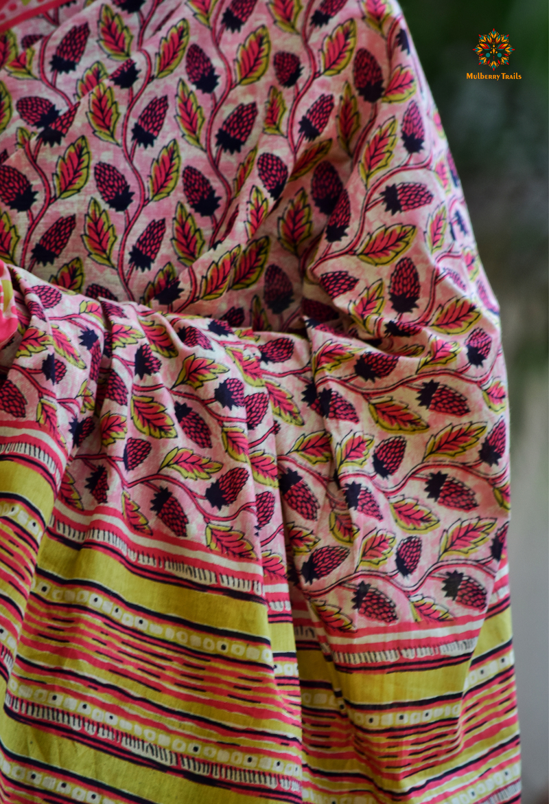 Chitrani: Summer Printed Cotton Sarees Coral Pink