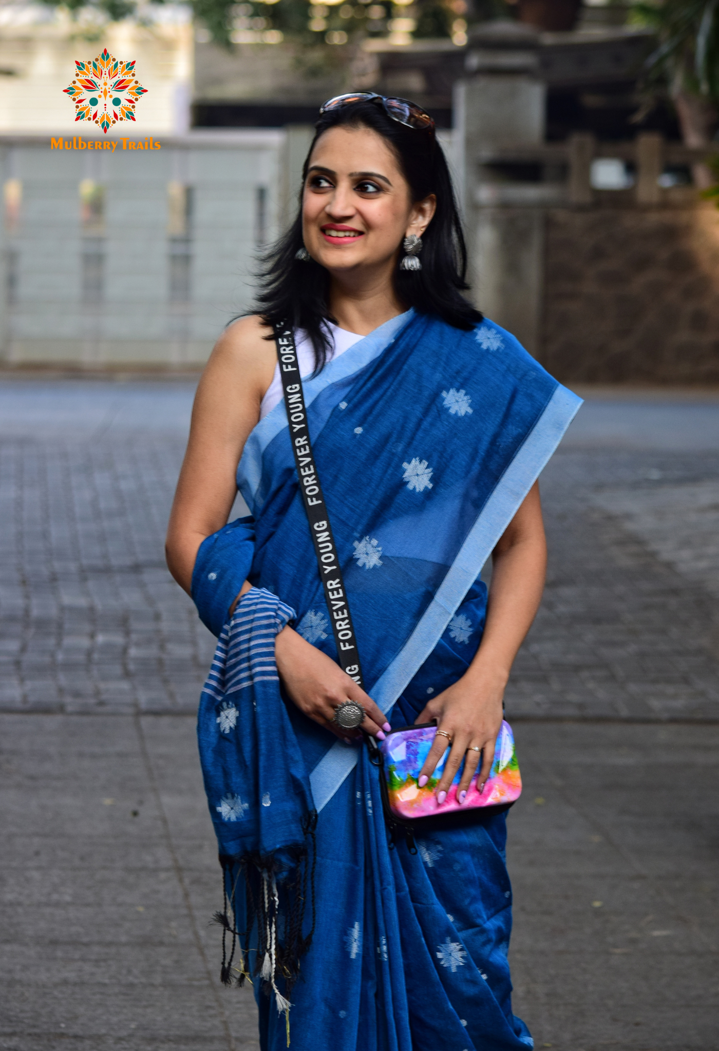 Aravi: Flowy Summer Cotton Saree Denim Blue